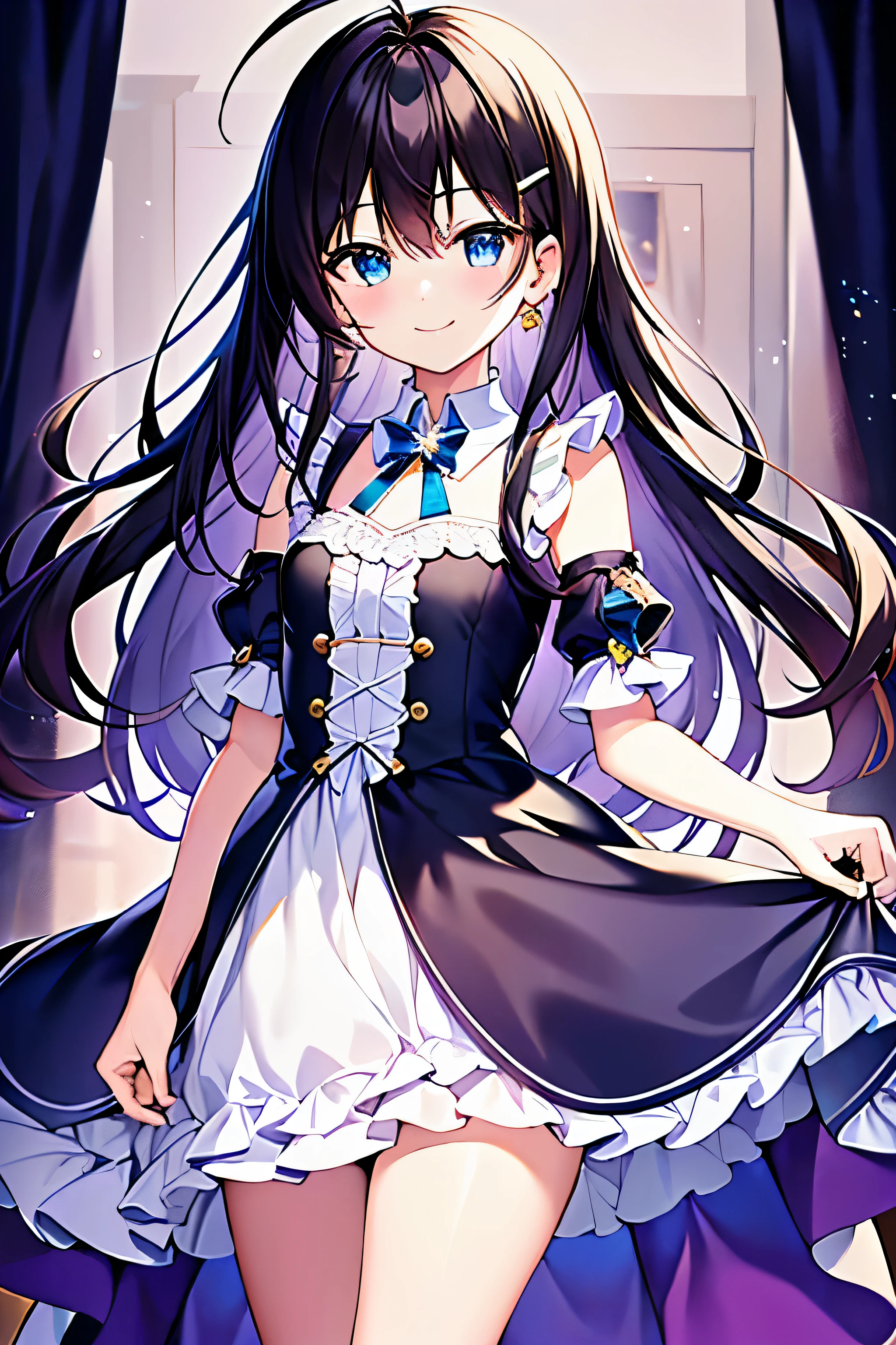 (((masterpiece))) (((highest quality))), (((beautiful))), (((8K))), (((High resolution))), (1 girl:1.3), (child:1.5), (Lori:1.2), (Dark blue straight long hair:1.3), (very long, Dark blue sideburns), (Very wide parted dark blue bangs:1.3), (Simple hair clip:1.4), (Ahoge:1.4), (small blue eyes:1.2), (slightly droopy eyes:1.3), (Super thick sideburns and super long sideburns:1.1), (Ultra-flat chest:1.4), (extremely small breasts:1.4), (smile:1.3), (A dress with lots of frills:1.4), (party venue:1.3), (Cowboy Shot:1.5)