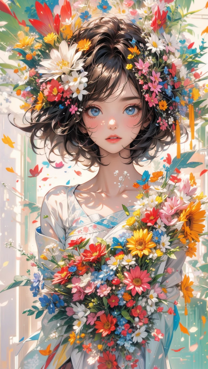 (masterpiece, High resolution, highest quality), Composition from head to thighs:1.3, Upper body focus, 20-year-old woman, Asymmetrical short hair, Disorganized, Flowers blooming in my eyes, Petals and paint collage, abstract design, artistic juxtapositions, mixed-media approach, Anime Style, simple lines, Digital Painting,