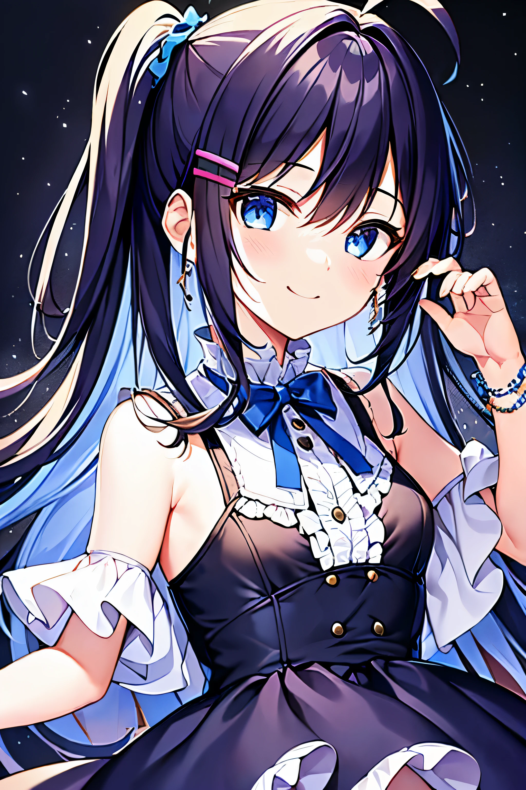 (((masterpiece))) (((highest quality))), (((beautiful))), (((8K))), (((High resolution))), (1 girl:1.3), (child:1.5), (Lori:1.2), (Dark blue straight long hair:1.3), (very long, Dark blue sideburns), (Very wide parted dark blue bangs:1.3), (Simple hair clip:1.4), (Ahoge:1.4), (small blue eyes:1.2), (slightly droopy eyes:1.3), (Super thick sideburns and super long sideburns:1.1), (Ultra-flat chest:1.4), (extremely small breasts:1.4), (smile:1.3), (A dress with lots of frills:1.4), (party venue:1.3), (Cowboy Shot:1.5)