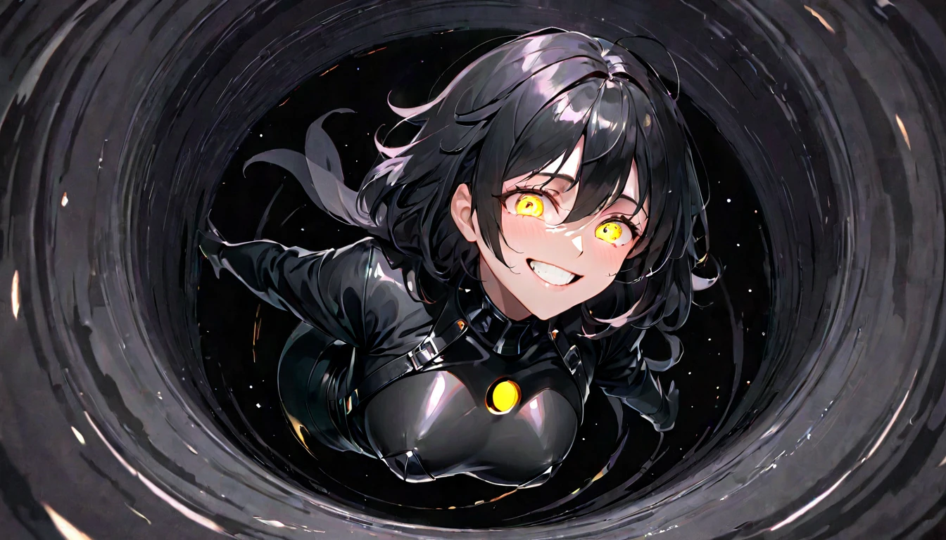 (masterpiece, best quality, very aesthetic, absurdres, general),Creepy woman, looking down, bright smile, glaring eyes, black clothes,Shining woman,woman sucked into a black hole