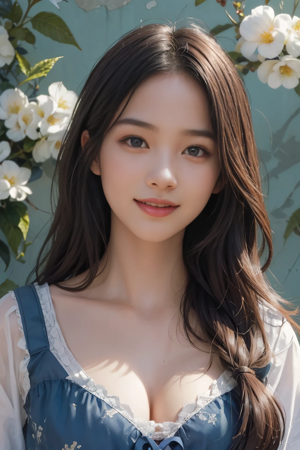 (A hyper-realistic), (illustration), (hight resolution), (8K), (highly detailed), (The best illustrations), (detailed face), (beautiful detailed eyes), (top-quality), (masterpiece), (wall-paper), Upper body close-up, long hair,inner colored, solo, Girl in simple blue underwear, plump breasts, smile