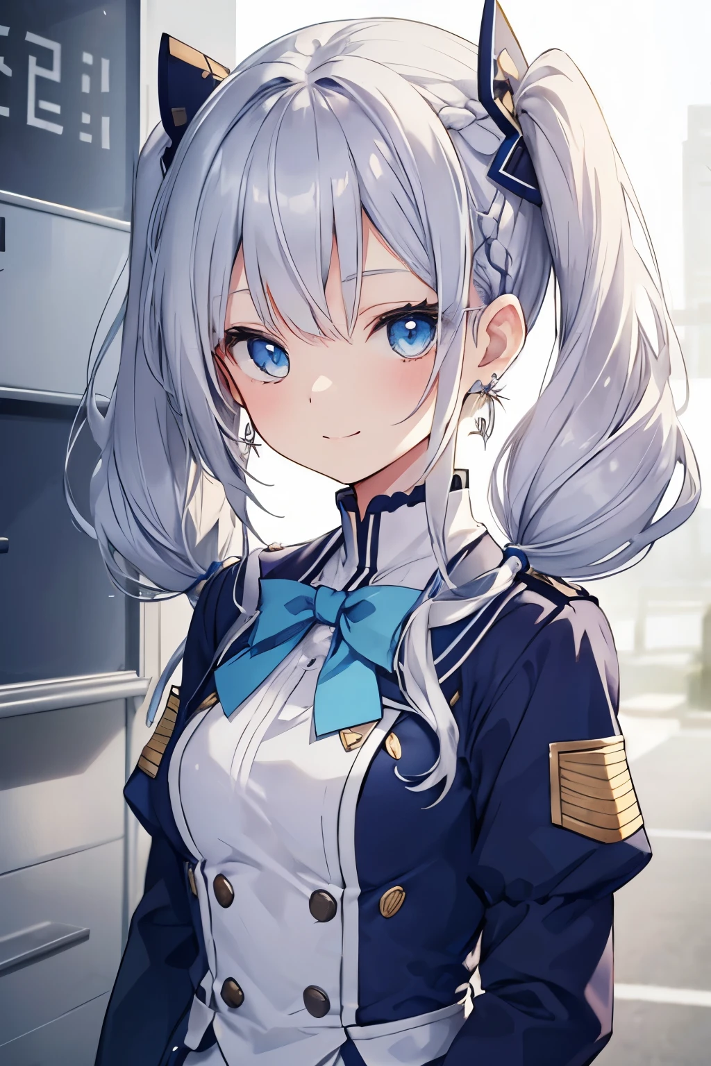 Silver-haired blue eyes、 girl、Small breasts、braided twin tails、smile、Gal-like、Wearing cute earrings、cute uniform、Add highlights around the eyes、Cute hairpin、The whole body is visible、School