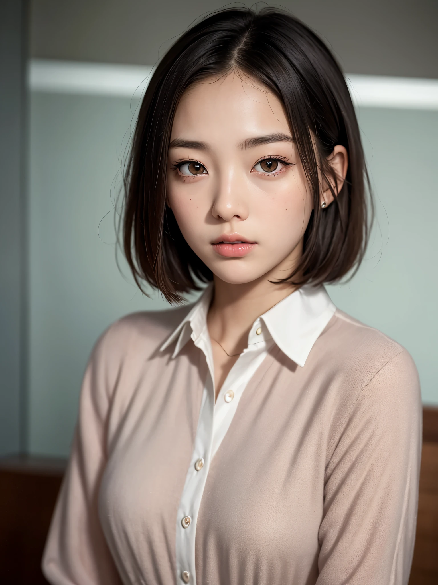 Japanese women、18-year-old, very cute, beautiful, (embarrassed:1.3), blush、Ultra-detailed finish、Ultra HD、8K, High resolution,  photorealistic、High definition face、Face is in focus、High definition eyes, Moist eyes、(Focused, symmetrical pupils:1.2)、High-definition and beautiful skin、Firm Skin、Natural Makeup、gross lip, High-definition hair texture, (looking at viewer:1.1), cowboy shot, (short hair:1.3), multiple shirt