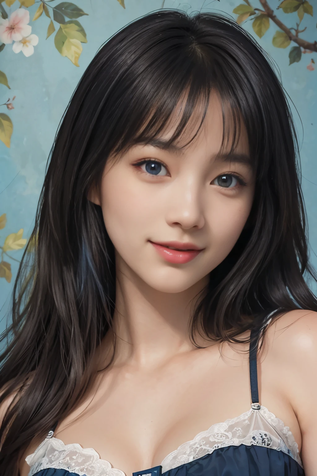 (A hyper-realistic), (illustration), (hight resolution), (8K), (highly detailed), (The best illustrations), (detailed face), (beautiful detailed eyes), (top-quality), (​masterpiece), (wall-paper), Upper body close-up, long hair,inner colored, solo, Girl in simple blue underwear, plump breasts, smile