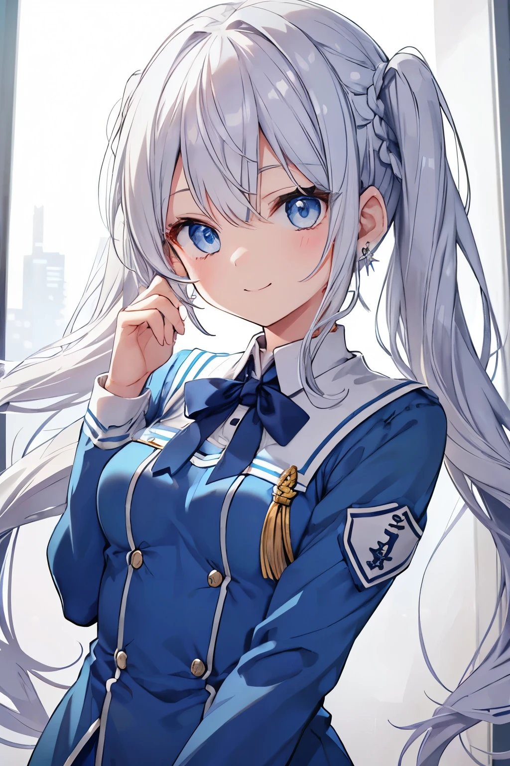 Silver-haired blue eyes、 girl、Small breasts、braided twin tails、smile、Gal-like、Wearing cute earrings、cute uniform、Add highlights around the eyes、Cute hairpin、The whole body is visible、School