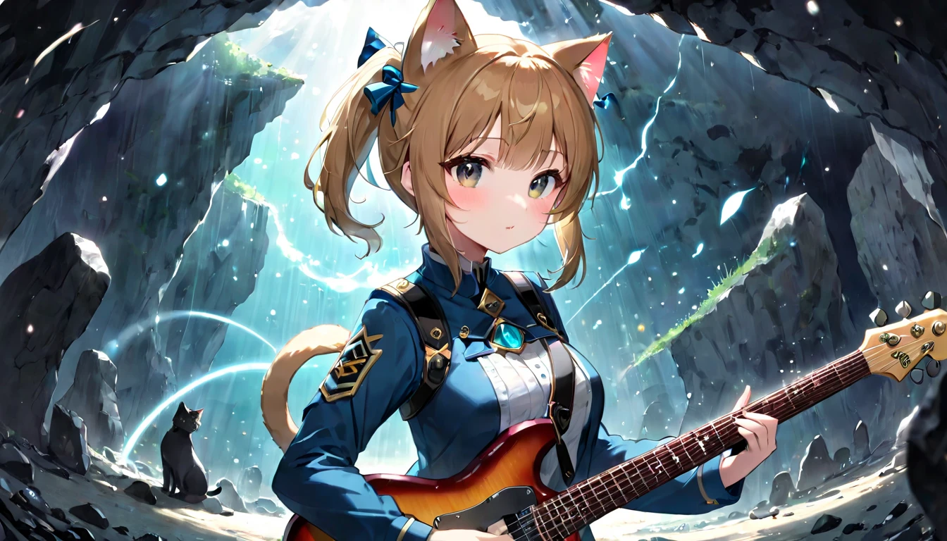 (masterpiece, best quality, very aesthetic, absurdres, general), 1 girl, cat ear, short ponytail, cute, kawaii, blunt bangs, long sideburns, focus on the face, fisheye, guitar,particles of light,long shot,medium breasts,destroy ,cave