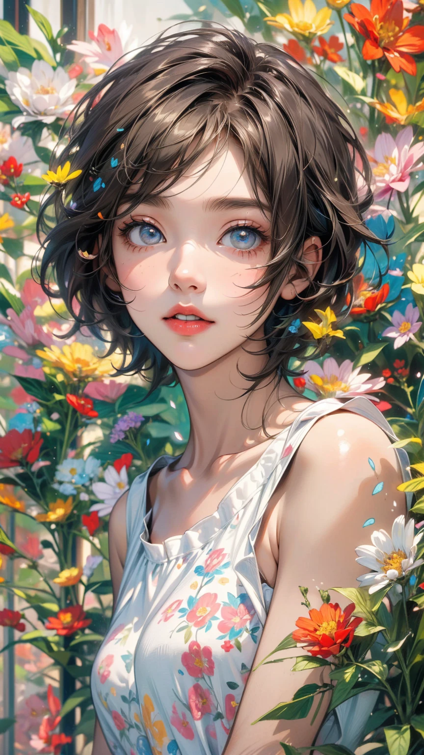 (masterpiece, High resolution, highest quality), Composition from head to thighs:1.3, Upper body focus, 20-year-old woman, Asymmetrical short hair, Disorganized, Flowers blooming in my eyes, Petals and paint collage, abstract design, artistic juxtapositions, mixed-media approach, Anime Style, simple lines, Digital Painting,