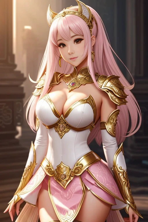 Ariana Grande sexy woman in a white gold and pink lotus lace armor skirt, chengwei pan on artstation, by Yang J, detailed fantasy art, stunning character art, fanart best artstation, epic exquisite character art, beautiful armor, extremely detailed artgerm, detailed digital anime art, artgerm on artstation pixiv, armor girl, cleavage big breasts:1.2, (mini skirt:1,5)