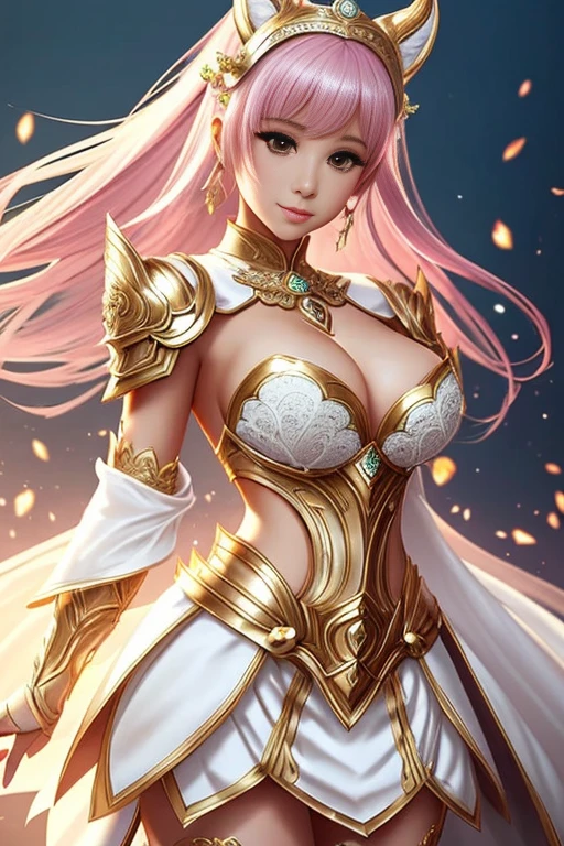 Ariana Grande sexy woman in a white gold and pink lotus lace armor skirt, chengwei pan on artstation, by Yang J, detailed fantasy art, stunning character art, fanart best artstation, epic exquisite character art, beautiful armor, extremely detailed artgerm, detailed digital anime art, artgerm on artstation pixiv, armor girl, cleavage big breasts:1.2, (mini skirt:1,5)