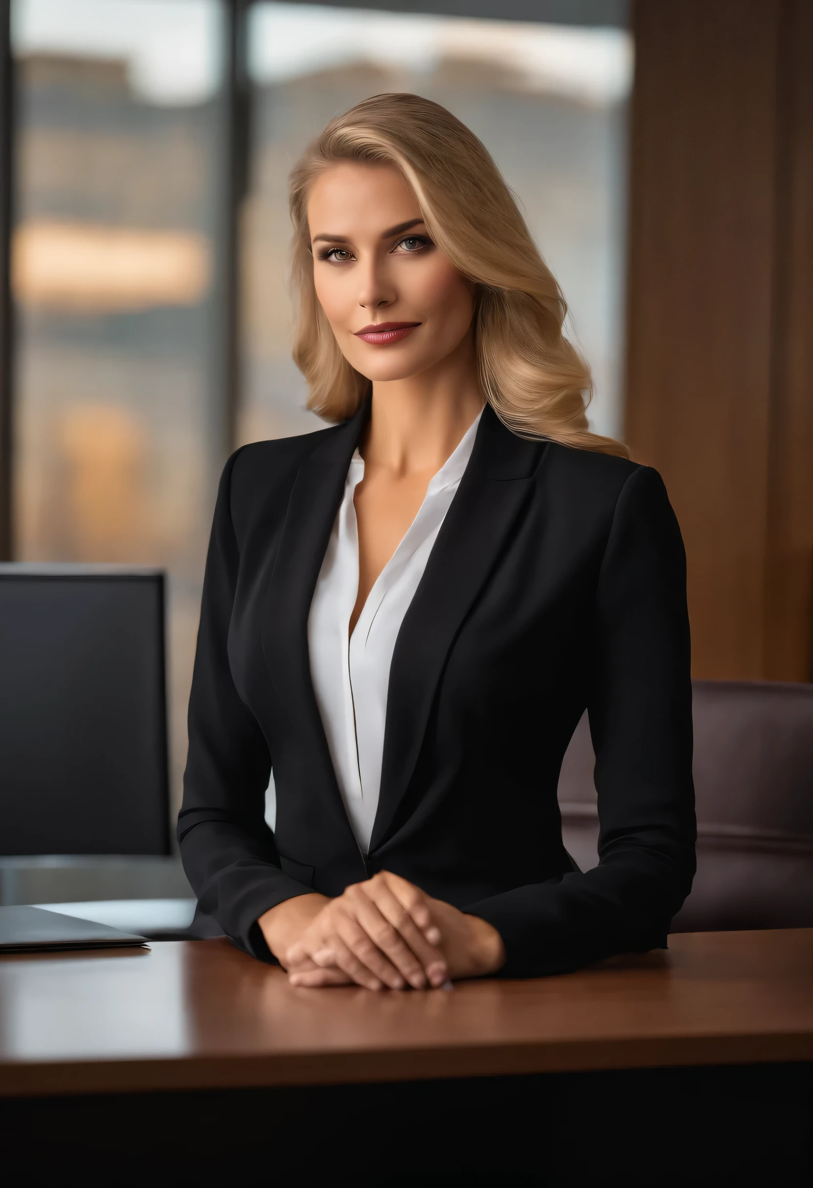 profissional, (Foto 4k:1.1), alto detalhe, wearing black business dress, lindo rosto detalhado, hazel eyes, not too long blonde hair, formato corporal, office meeting room with table, vistas de Barcelona claramente distintas