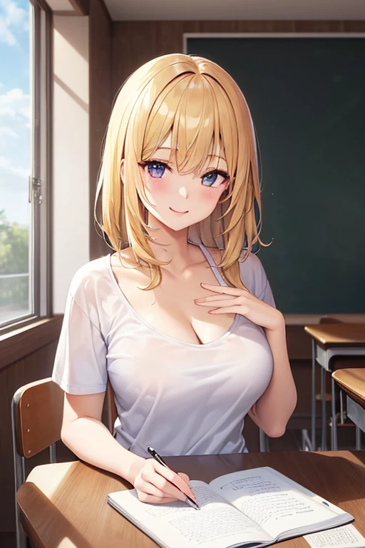 blonde、（8k、highest quality、highest quality、masterpiece、Ultra-high resolution、Accentuate your cleavage，A carefully crafted face、Beautiful fingers, Beautiful Hands,Skin Texture），whole body、Idol sculpture、(blonde)、alone、Beautiful double eyelids、smile, (Tight white t-shirt)、(Navy Blue Bloomer)、 (woman)、School、classroom、