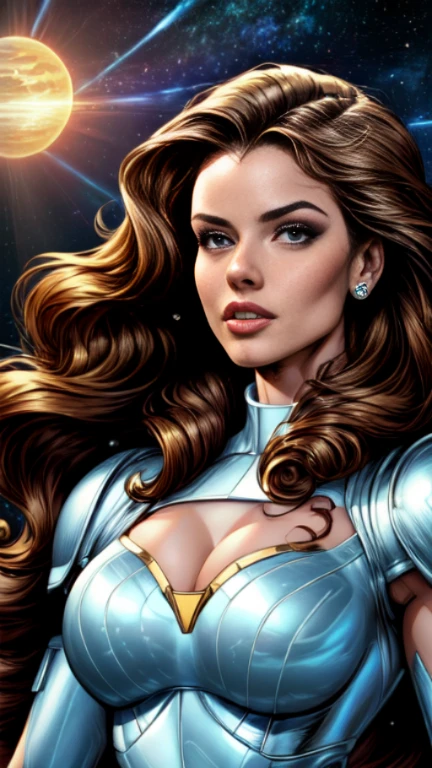 masterpiece,very sharp image,extremely beautiful woman space retro futurism, beautiful face,hi-tech armour, long curly hair,in deep space, with several planets and suns in the background Excellent sense,small breasts,cleavage,American Comics,(((The Perfect One Woman))),(((one person))),highly detailed body,highly detailed face,SF,((dynamic pose)), ((dynamic angle))