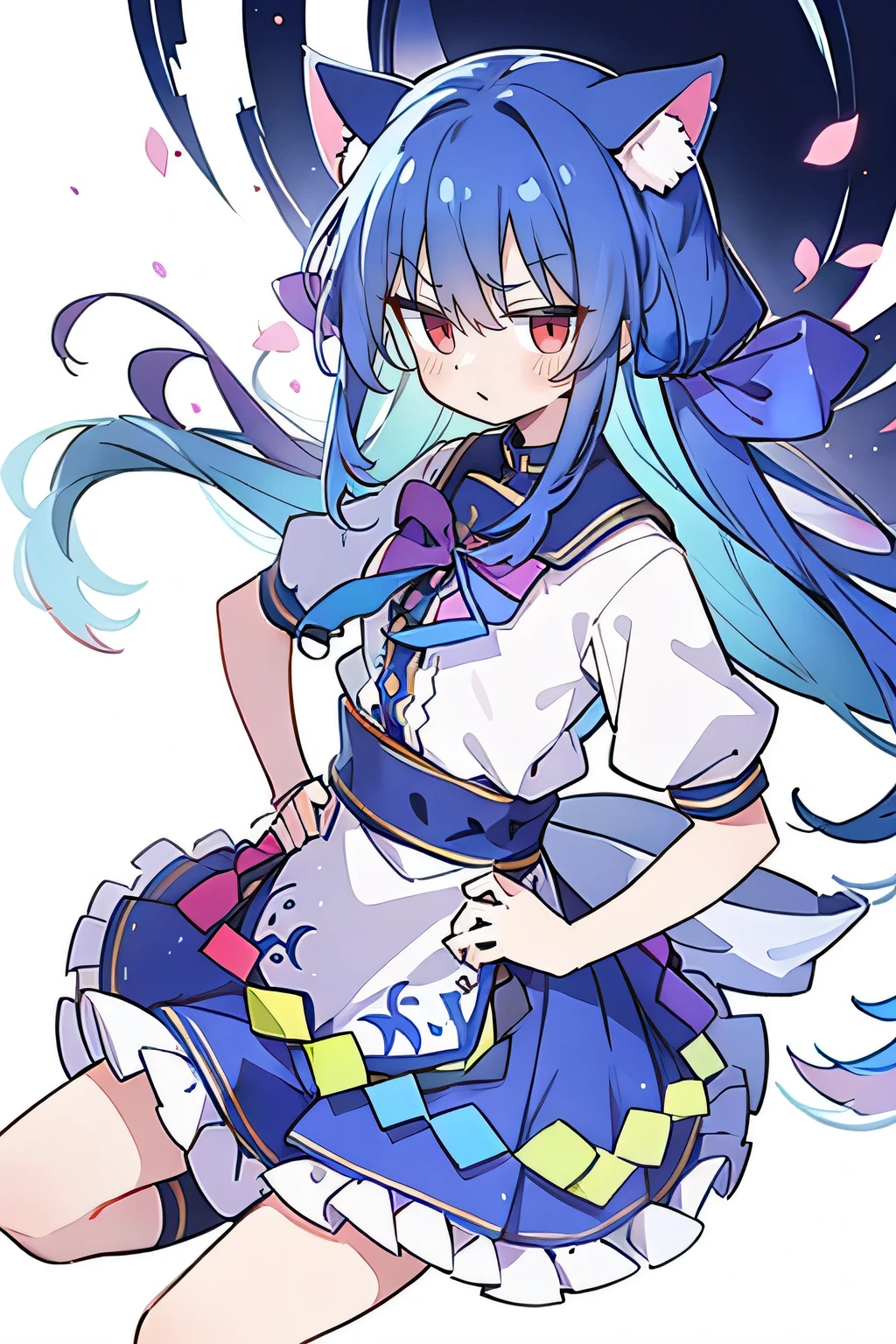 (masterpiece),best quality, expressive eyes, perfect face, 1girl,
 Put your hands on your waist,fair, Gorgeous,Japanese cartoons,girl,lola,Hina Angel, blue hair, blue haired, floating clothes,Grab your waist, Grab your waist, hands on hips , hands on hips,sit, sit on ground, Legs on the ground, flat chest,cat ears,Petals fall,