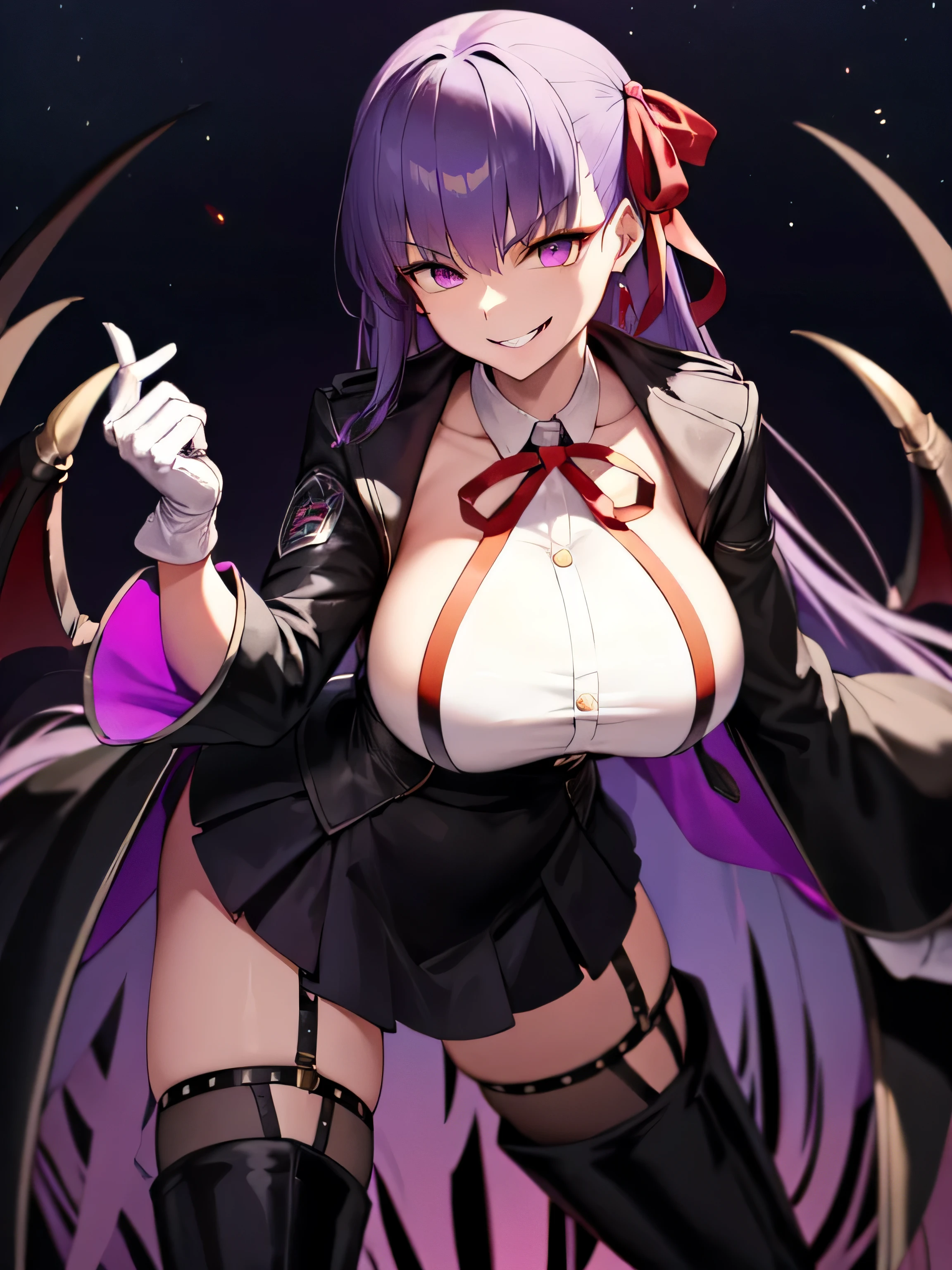  isometric, mid shot,  night, ,,, purple hair, black jacket, white shirt, black skirt, red ribbon, big breasts, purple eyes, white gloves, long hair, big collar, evil smile,smirk,thighhigh boots,(evil smile:1.3)