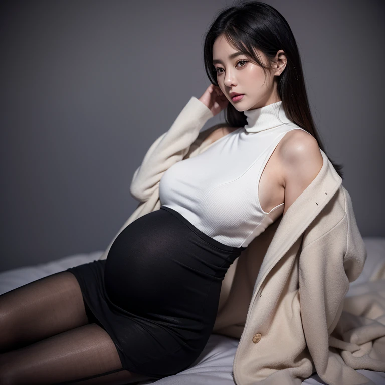 (Very detailed,night, In the dimly lit chambers, A girl,Married,Married woman,30 Eternal Light,Mother,The charm remains,black发,a little fat, full, Big sagging breasts, huge big , pregnant, huge pregnant, big pregnant, 9 months, pregnant, 怀着双胞胎的pregnant,Delicate face, Sexy, Wear a turtleneck dress, Bodycon Dress, suspender skirt,Hip skirt,black色Hip skirt,black,garter stockings,suit,suitcoat,coat, HD, full body shot, Work,Water breaks,expiry date,Realistic perfect body, Very realistic)