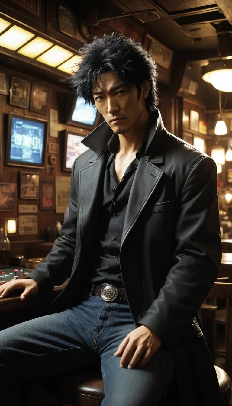 Cowboy Bebop Spike,Looks like Chinese actor Hu Ge,His appearance is rough,Deep eyes,There is always a look of indifference on his face.,But in fact, my heart is full of complicated emotions。He is tall,Well defined muscles,Wearing a shabby black coat,Gives a feeling of both desolation and tenacity。The scenes of Cowboy Bebop range from bustling cities to desolate planets,From the interior of a high-tech spaceship to a pub full of unique atmosphere,Every scene is full of details and surprises。For example,Inside the spaceship,You can see various complex instruments and consoles,Showing that this is a high-tech environment。In the pub,You can see various characters talking to each other.、drinking alcohol、gamble,Create an environment full of life。