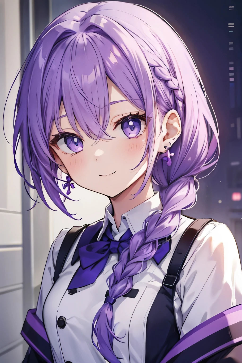 Purple hair and eyes、 girl、Small breasts、braided ponytail、smile、Gal-like、Wearing cute earrings、cute uniform、Add highlights around the eyes、Cute hairpin、The whole body is visible、School