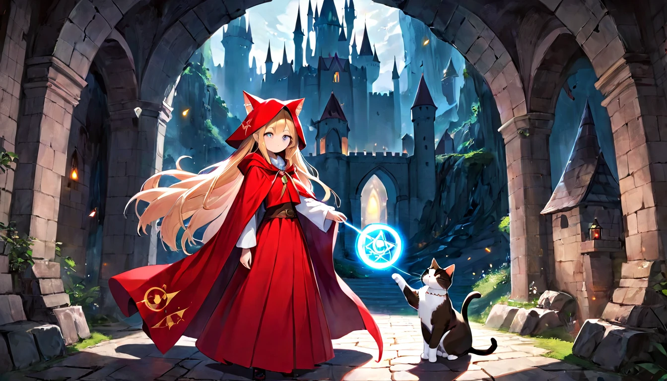 (masterpiece, best quality, very aesthetic, absurdres,general) , 1girl, solo, very long red wizard's cloak, long wizard's trousers,very long skirt:1.2),The girl is using magic,Glowing triangular magic circle,,cute girl、Girl with clear eyes、Straight long hair,cat ear,cave, bombed castle