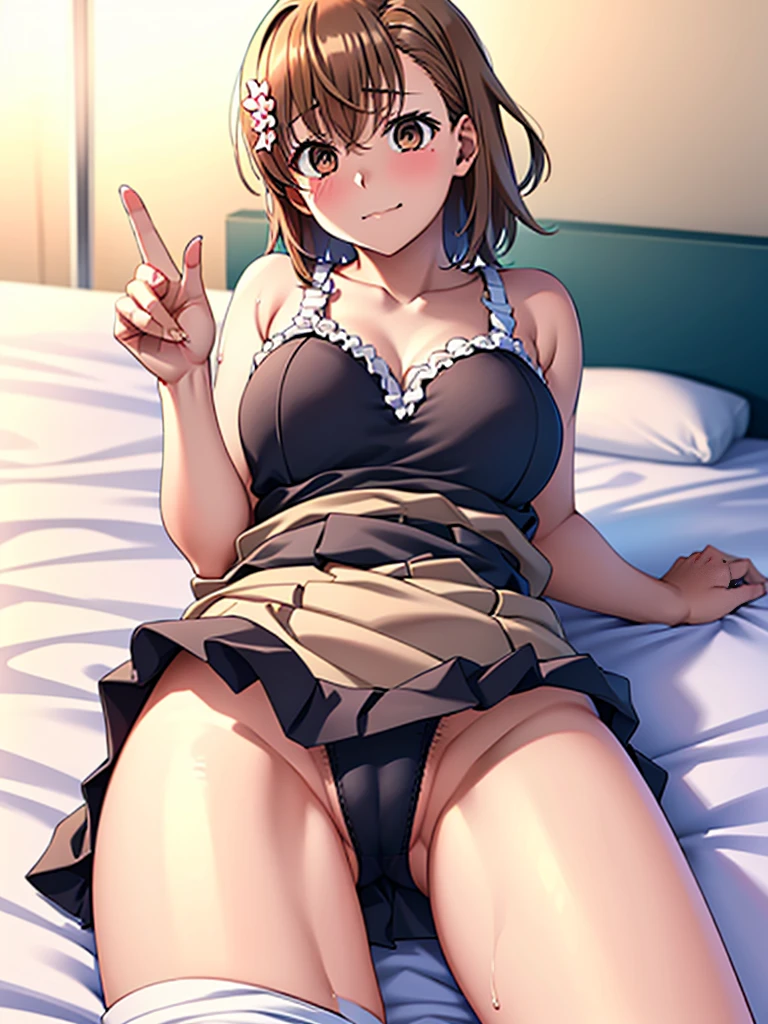 Misaka Mikoto、Best image quality、High resolution、masterpiece、super high quality、Spread your legs wide、Big 、Reaching orgasm、striped ruffle panties、ruffle bra、very big ass、Close ~ eyes、Cowboy Shot、Low - Angle、Blushing、4K quality、No clothes、Big Ass、Zoom in on the lower body、wearing black knee socks、Pubic hair growing、My crotch is wet with love juice、Shooting from below、smug face、Large Breastouth wide open、Eyes are hearts、Lying in bed