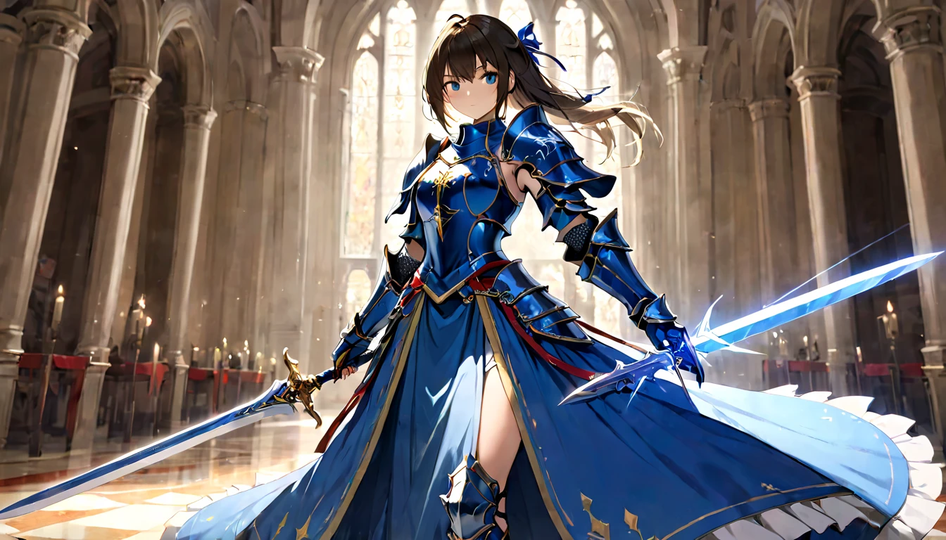 (masterpiece, best quality, very aesthetic, absurdres,general) , 1girl, solo, A girl with a long double-edged straight sword, a blue knight's armor, the dignified face of a fighter, a long skirt