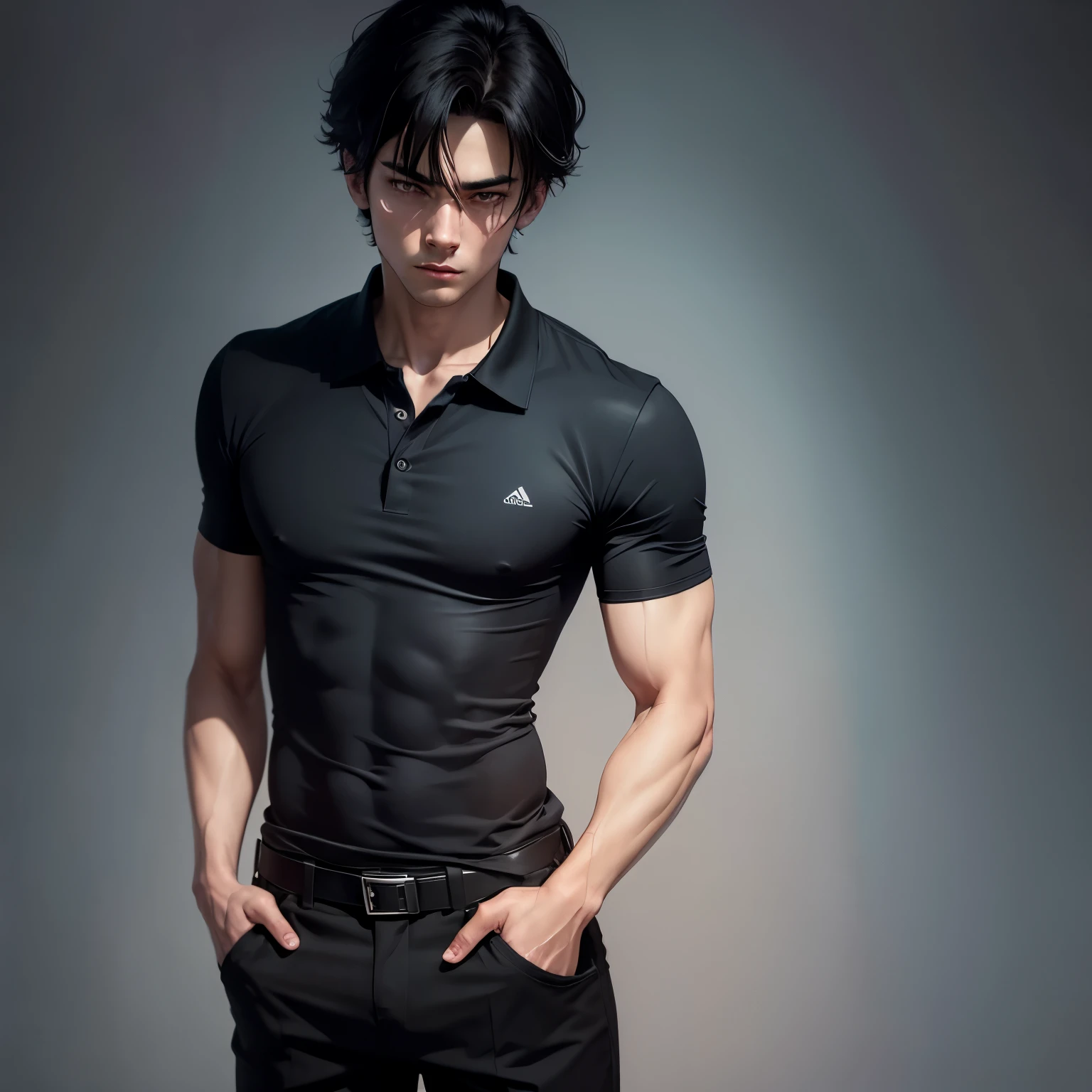 Bad boy sad boy in black polo shirt and black pants in the middle of so much darkness