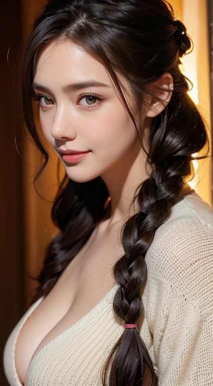 ((A beautiful woman in a cardigan)),Body Portrait、8K,Eyes in Beautiful Details,dingdall effect、masterpiece, top-quality, hightquality, hight resolution、hyperdetailed photo、(natural skin textures、Detailed skin、Hyper-Realism、ultra sharpness)、high-detail skin、(ighly detailed、detailed skin textures、intricate detailes、beautiful expression、(Lifelike face)、realisticeyes、beatiful detailed eyes、real looking skin、Beautiful skins、A hyper-realistic、ighly detailed、the golden ratio、With smiling eyeoonlight background at night))、Body Portrait、(Curly hair in braids、Bun1),big breasts, cleavage close up, breast close up