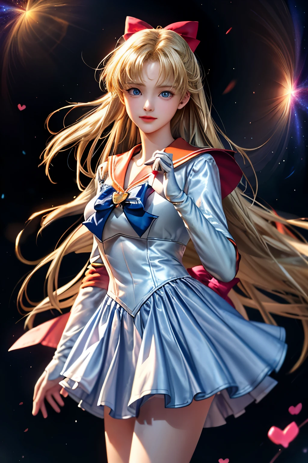 (masterpiece, highest quality; 1.3), Very detailedなCG, Very detailed, 1 girl, alone, smile, Looking at the audience, stylish angle, Long blonde hair, blue eyes, SV1, Sailor suit, Orange Skirt, Elbow hand pockets, tiara, Orange sailor collar, Red Bow, orange necklace, White gloves, jewelry, Many Hearts, face focus, Venus, tornado, Abstract background, storm of heart, Stop beam, Heart Bubble, Heart Bus, Stop Star, heart flower, Heart Lamp, world of heart, heart background, Galaxy Background, Heart Weapon, Heart Halo,