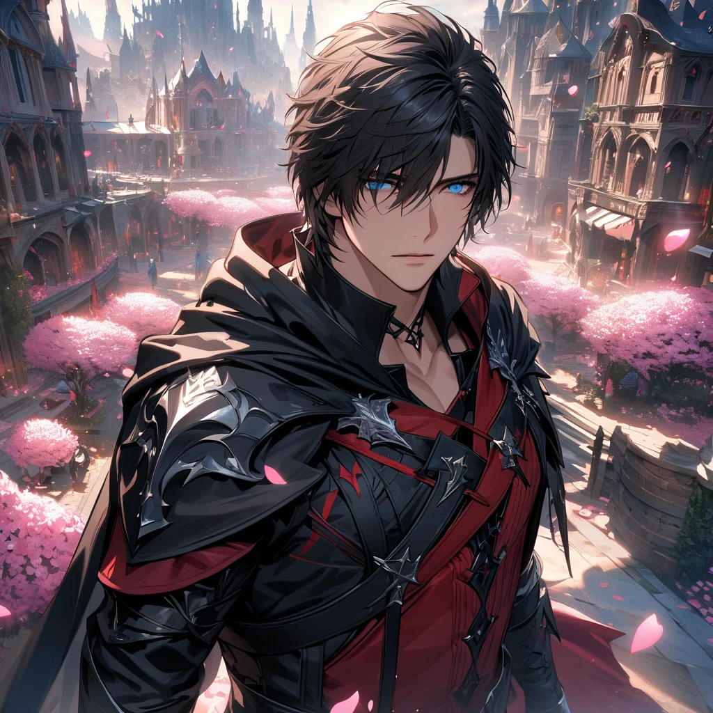 absurdres, highres, ultra detailed, HDR, master piece, best quality, Clive Rosfield, black hair, expressive blue eyes, 1man, handsome, Final Fantasy XVI, black cape, red leather shirt, magical city, pink petals, pink flowers, pink butterflies