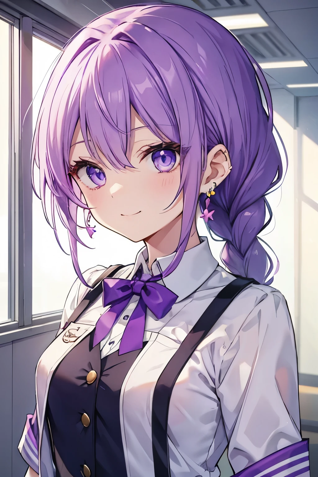 Purple hair and eyes、 girl、Small breasts、braided ponytail、smile、Gal-like、Wearing cute earrings、cute uniform、Add highlights around the eyes、Cute hairpin、The whole body is visible、School