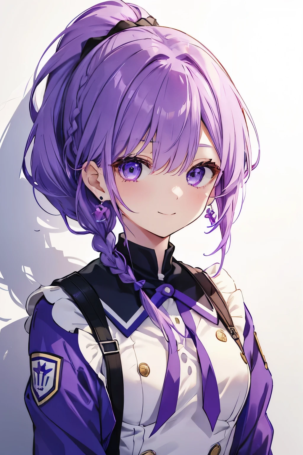 Purple hair and eyes、 girl、Small breasts、braided ponytail、smile、Gal-like、Wearing cute earrings、cute uniform、Add highlights around the eyes、Cute hairpin、The whole body is visible、School