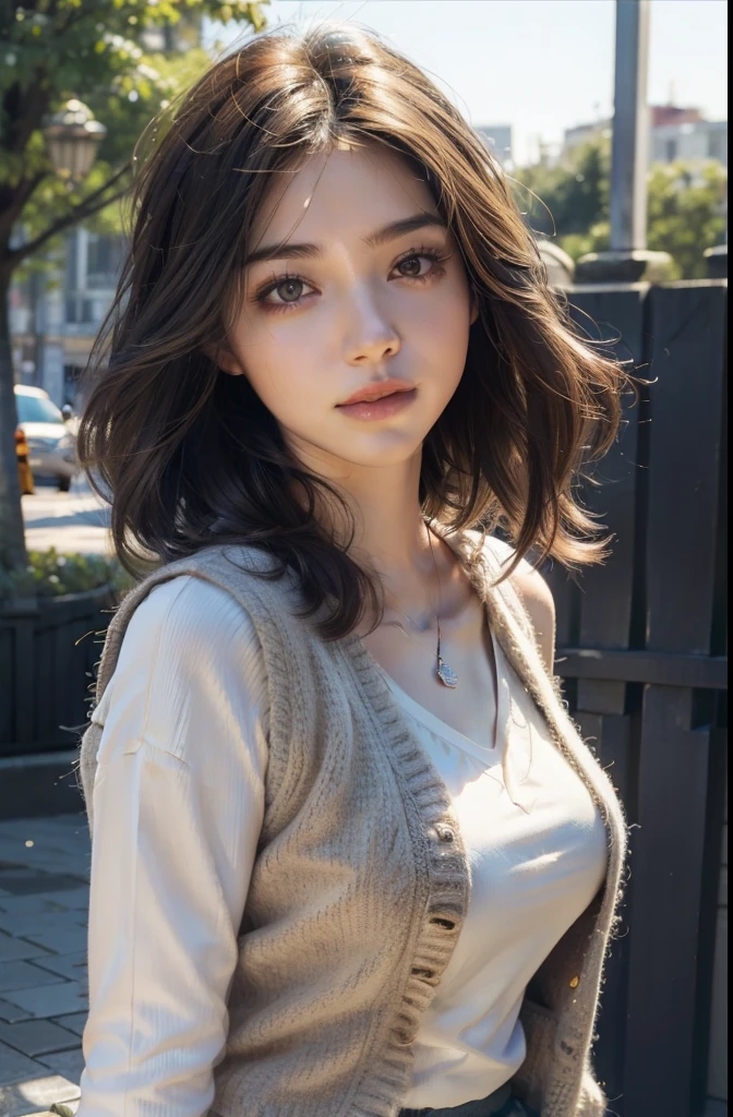 Dressed, (photo Realistic:1.4), (hyper Realistic:1.4), (Realistic:1.3), (smoother lighting:1.05), (Improve movie lighting quality:0.9), 32k, One girl,20 year old girl, Realistic lighting, Backlight, Light on the face, Ray-tracing, (Bright light:1.2), (Improvement of quality:1.4), (Highest quality real texture skins:1.4), Detailed drawn eyes, Detailed painted face, High-quality round eyes, (Tired, sleepy and satisfied:0.0), Face close-up, (Enhance the mood of your body line:1.1), (Enhances the beauty of skin texture:1.1) Irregular hem design, figure-covering, simple, casual, layered, layered, ladies' knit vest, adult casual outfit, spring clothes, spring outfit, fashion, today's outfit, adult outfit, ladies'、Staring at the audience、smile、Fluffy skirt
