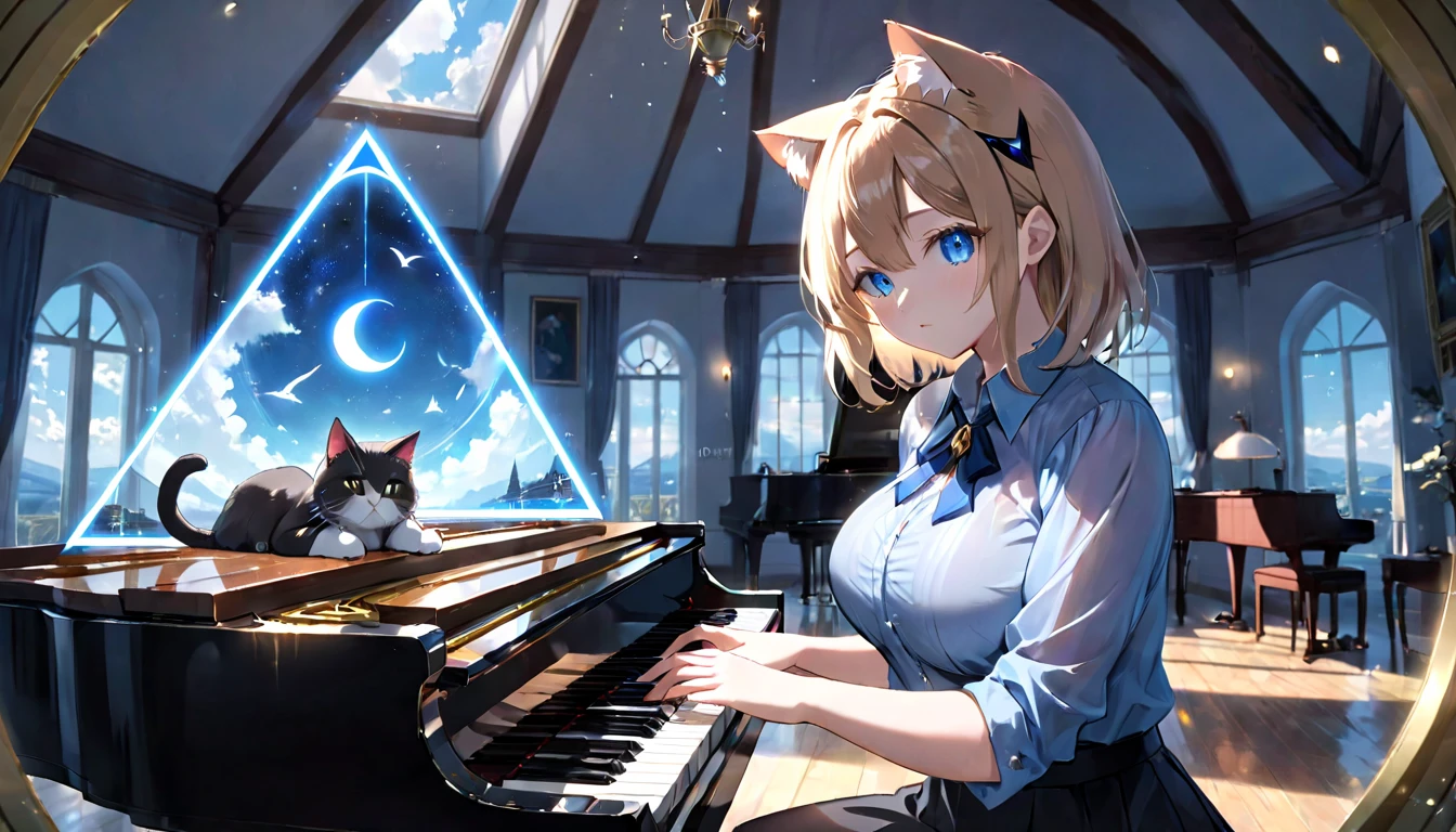 (masterpiece, best quality, very aesthetic, absurdres,general) ,
1girl, solo,、music room、Girl playing classical piano、Cat ear、clear eyes,artificial intelligence,Glowing triangular magic circle,Sad expression, beautiful girl, big breasts, blue cut shirt,bird's-eye view of the landscape