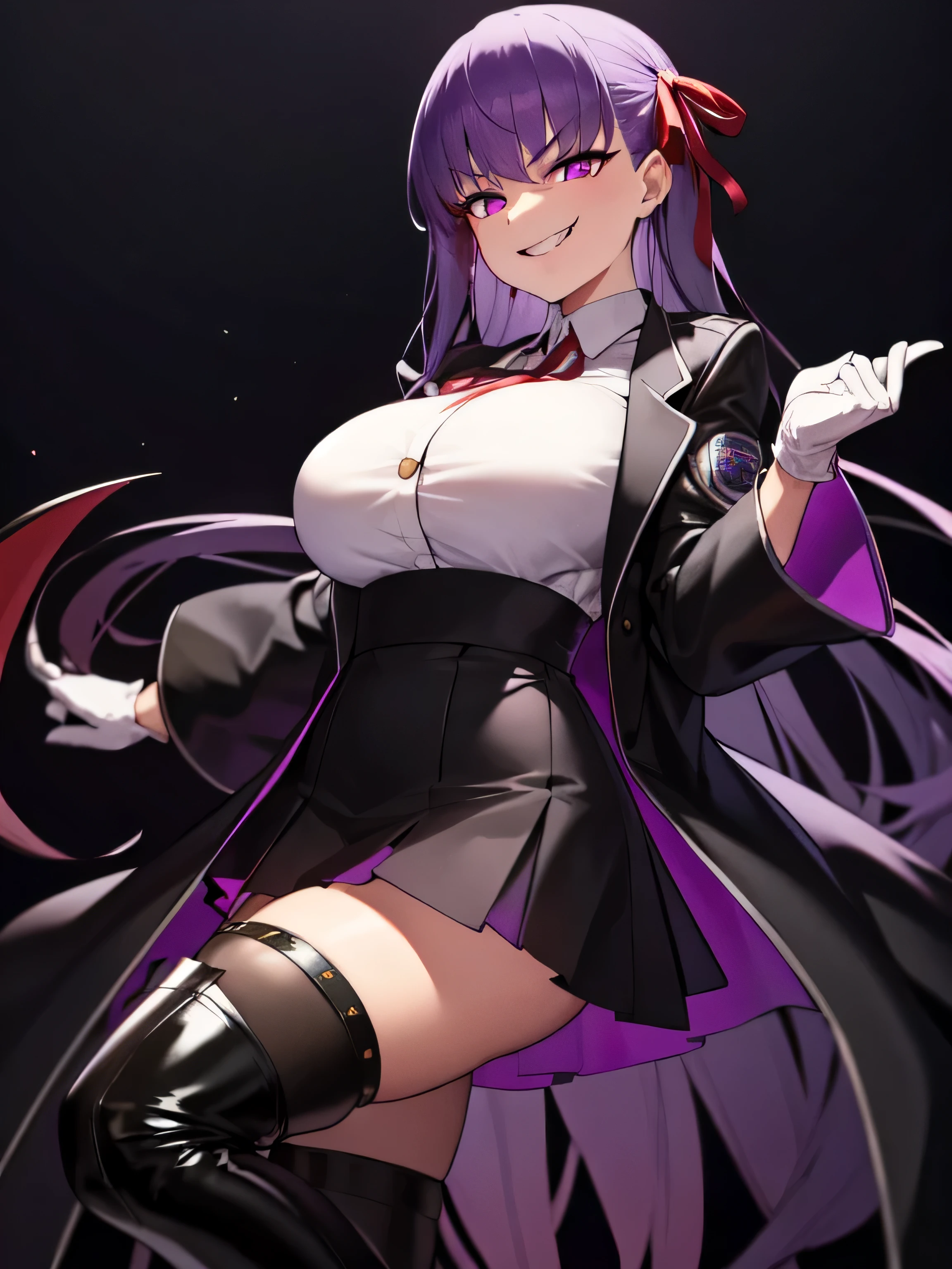  isometric, mid shot,  night, ,,, purple hair, black jacket, white shirt, black skirt, red ribbon, big breasts, purple eyes, white gloves, long hair, big collar, evil smile,smirk,thighhigh boots,(evil smile:1.3),black darkness,hell,