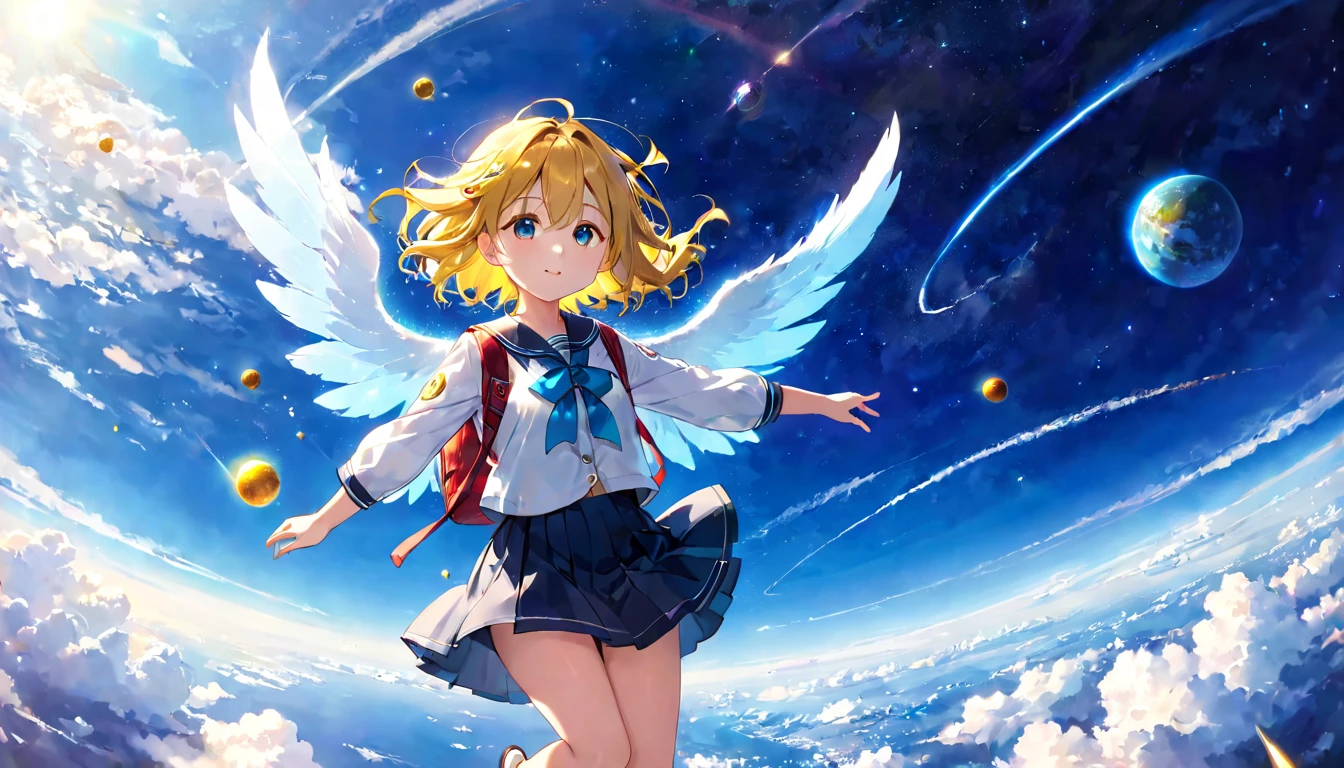 girl flying in the sky、Flight Mode、school hear、deep blue sky、Atmosphere、Cosmic radiation