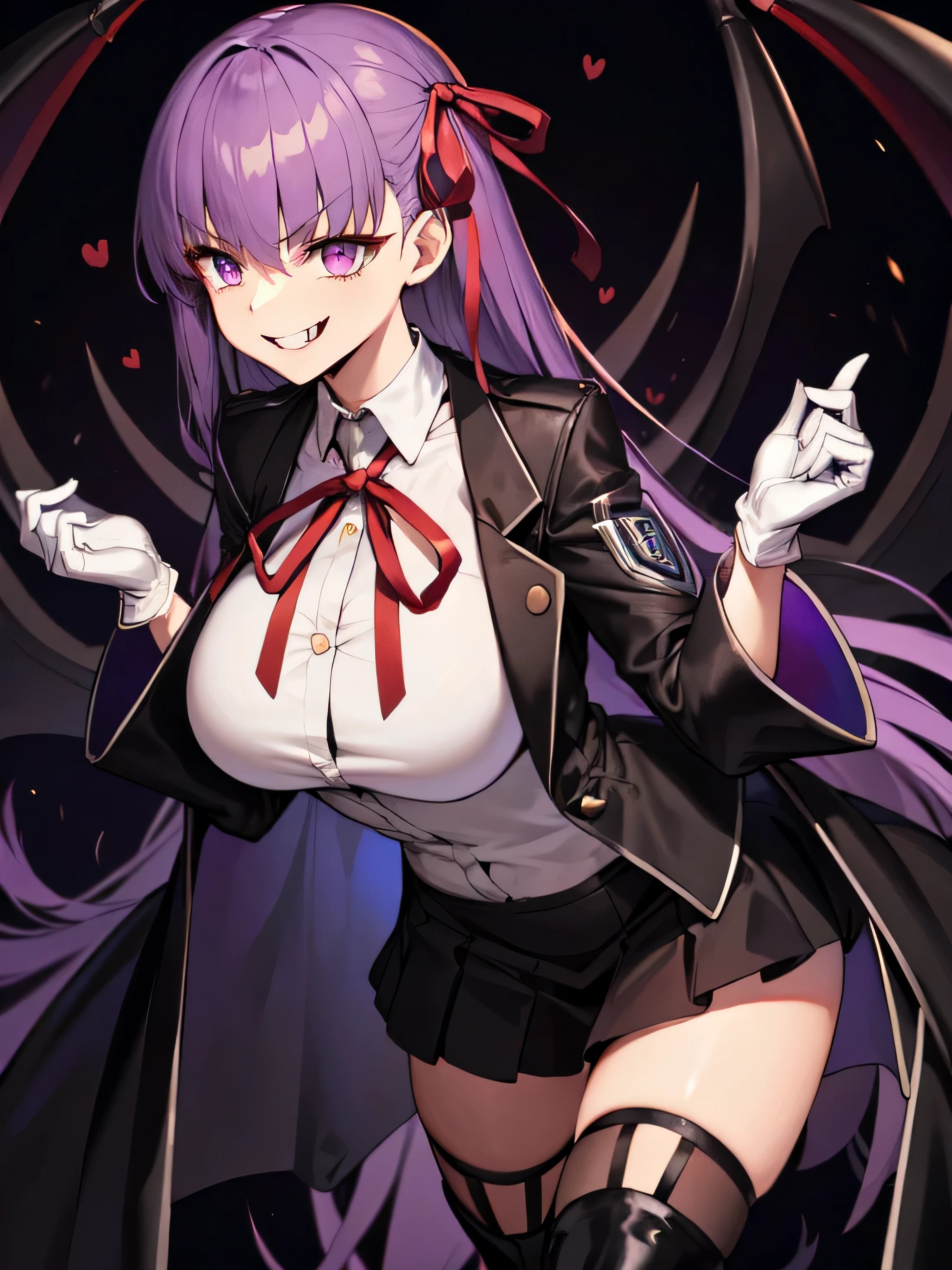  isometric, mid shot,  night, ,,, purple hair, black jacket, white shirt, black skirt, red ribbon, big breasts, purple eyes, white gloves, long hair, big collar, evil smile,smirk,thighhigh boots,(evil smile:1.3),black darkness,hell,