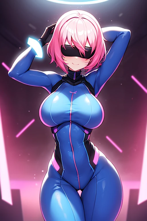 1girl, pink hair, very short hair, vr visors, visors, head-mounted display, ((covered eyes)), covered eyes, bodysuit, blue bodysuit, science-fiction, machinery, futuristic, tech, whit3 trim, blue neon trim, neon, neon trim, breasts, hourglass figure, mature frmale, large breasts, thick thighs, wide hips, swaying hips, hip sway, sway, arms behind back, arms up, hands behind back, smile, back, dance