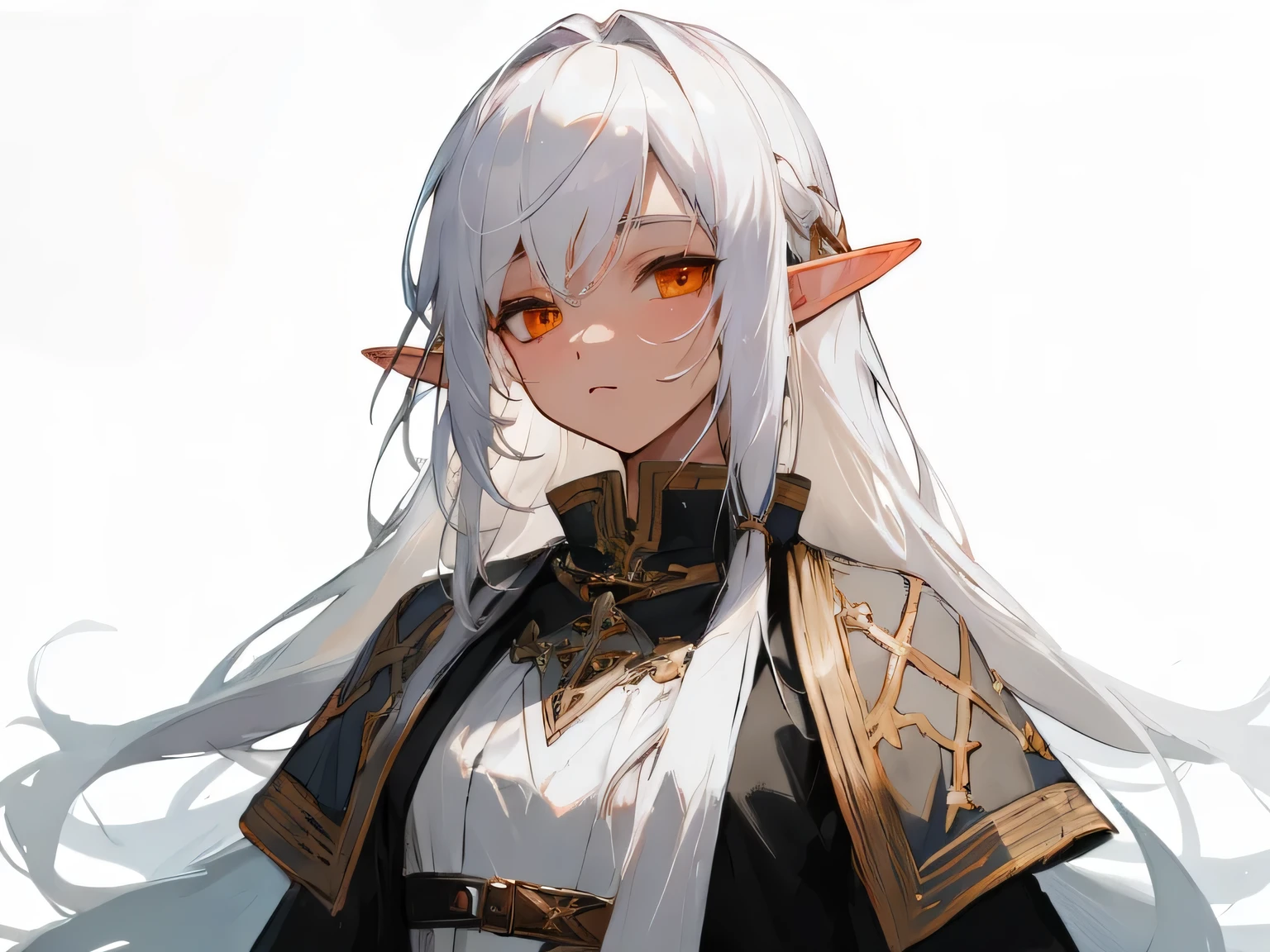 [(white background:1.5),::5], ((((masterpiece)))), high quality, ultra high resolution, full color, (((alone))), ((Elf)), fantasy hair, ((white hair)), orange eyes, upper body, character in the center, 