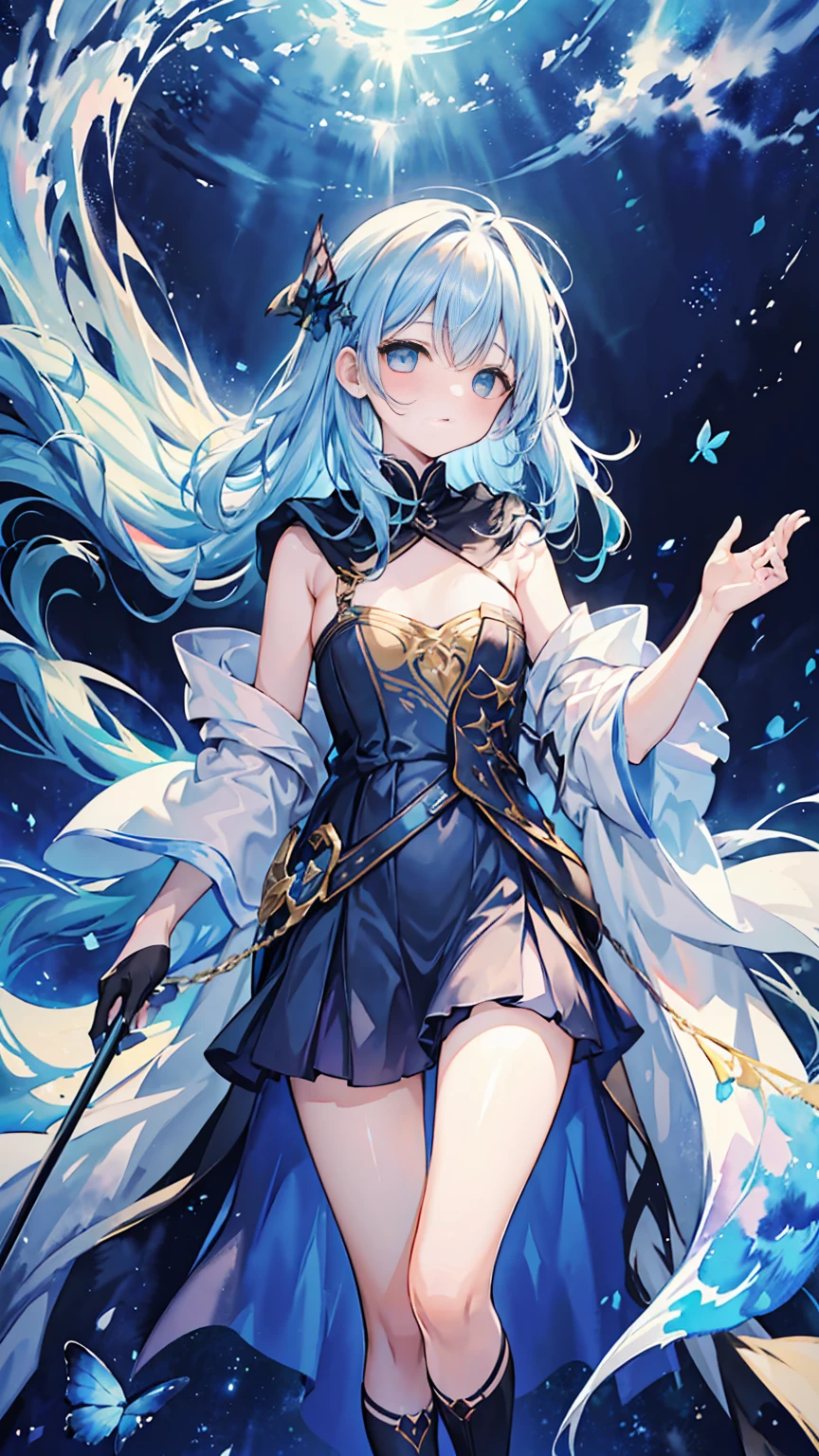 Masterpiece, best quality, extremely detailed, (illustration, official art: 1.1), 1 girl, ((light blue hair))), long hair, , ((blush)), cute face, big eyes, masterpiece, best quality, ((a very delicate and beautiful girl)))), amazing, beautiful detailed eyes, blunt bangs (((little delicate girl)))), tareme (true beautiful: 1.2), small breasts, A magical portrayal featuring a young sorceress, weaving enchantments and summoning mystical energies in a captivating scene. Explore the allure of magic through the lens of this charming girl, where every stroke tells the tale of a universe brimming with mysteries and enchantments, serenity eyesbest quality, masterpiece, (best hands),full body,(watercolor:1.6),, ((ultra - detailed)),((illustration)),((tmasterpiece)),(((Need))),((Beautiful and delicate eyes)),(the Extremely Detailed CG Unity 8K Wallpapers,best qualtiy,tmasterpiece),((4K,tmasterpiece,best qualtiy)),A woman with a sisterly feel but a little mature,,Long hair and waist,Loose hair,Shawl,Emerald green eyes,(solo person),flatchest,A sky full of stars,The left hand is slightly raised,There is a ring on the ring finger of the left hand,Dark blue oversized swung princess maxi dress,Wearing a large dark blue trench coat,Stars hide under the skirt,Cloak,Dark blue butterflies flutter around you,Theater background,Star curtain,Wearing a dark blue veil with stars,Suspenders,The right hand wears a gradient blue star glove,(Whole body diagram),Smaller eyes,(Beautiful face:1.2),(floated hair:1.2),((Gorgeous starry sky background)),Wearing a hood,The river of stars surged under your feet,Dark blue boots,Next to her is a huge celestial black hole,
