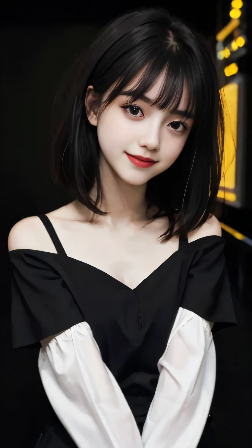 Best quality，masterpiece，超high resolution，（degree of holiness：1.4），（Hyper-photorealism）， （high resolution）， （8k），RAW photos，1 girl，Off-shoulder，Movie Lighting, Smile,Short hair details，Black shawl straight hair，Side bangs，HD details、Super detailed、Movie Lighting、Surrealism、Soft Light、Deep field focus bokeh、Has short black hair，White skin，Famous works of art，is a perfect face，Beautiful face，beautiful eyes，（（perfect female body））