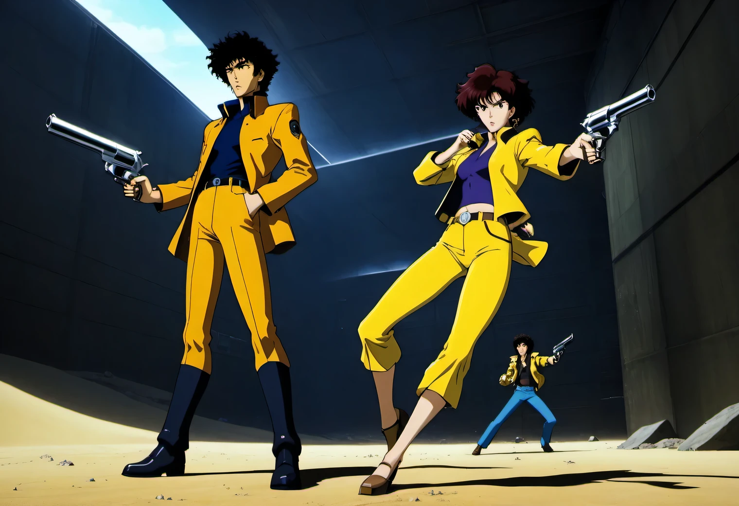 A scene from the anime Cowboy Bebop, the character Spike Spiegel and Faye Valentine stand with their legs apart and aim at enemies with 2 Desert Eagle cal pistols. 50, full compliance with the Spike Spiegel character, high definition, texture smoothing, contrast of the new anime, dynamic plot, high image complexity, high detail, spaceship in the background, octane render, 3D effect