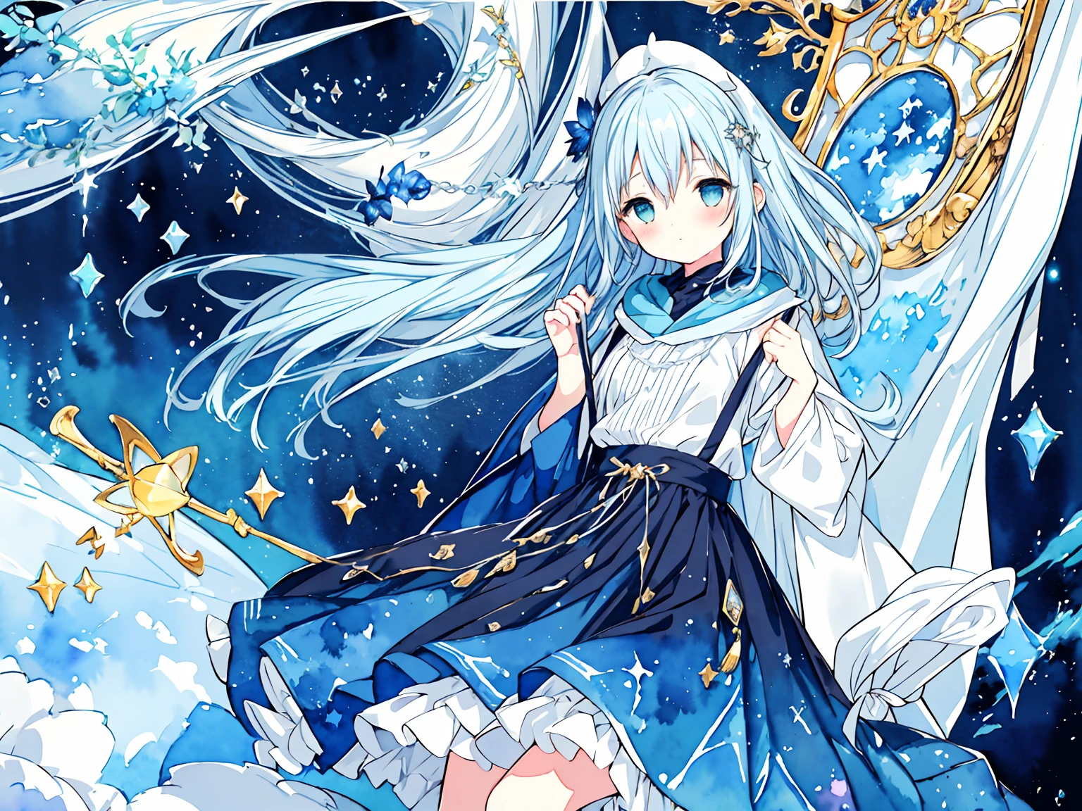  Masterpiece, best quality, extremely detailed, (illustration, official art: 1.1), 1 girl, ((light blue hair))), long hair, , ((blush)), cute face, big eyes, masterpiece, best quality, ((a very delicate and beautiful girl)))), amazing, beautiful detailed eyes, blunt bangs (((little delicate girl)))), tareme (true beautiful: 1.2), small breasts, A magical portrayal featuring a young sorceress, weaving enchantments and summoning mystical energies in a captivating scene. Explore the allure of magic through the lens of this charming girl, where every stroke tells the tale of a universe brimming with mysteries and enchantments, serenity eyesbest quality, masterpiece, (best hands),full body,(watercolor:1.6),, ((ultra - detailed)),((illustration))，((tmasterpiece)),(((Need))),((Beautiful and delicate eyes))，（the Extremely Detailed CG Unity 8K Wallpapers，best qualtiy，tmasterpiece），（（4K，tmasterpiece，best qualtiy）），A woman with a sisterly feel but a little mature，，Long hair and waist，Loose hair，Shawl，Emerald green eyes，（solo person），flatchest，A sky full of stars，The left hand is slightly raised，There is a ring on the ring finger of the left hand，Dark blue oversized swung princess maxi dress，Wearing a large dark blue trench coat，Stars hide under the skirt，Cloak，Dark blue butterflies flutter around you，Theater background，Star curtain，Wearing a dark blue veil with stars，Suspenders，The right hand wears a gradient blue star glove，（Whole body diagram），Smaller eyes，（Beautiful face：1.2），（floated hair：1.2），（（Gorgeous starry sky background）），Wearing a hood，The river of stars surged under your feet，Dark blue boots，Next to her is a huge celestial black hole,