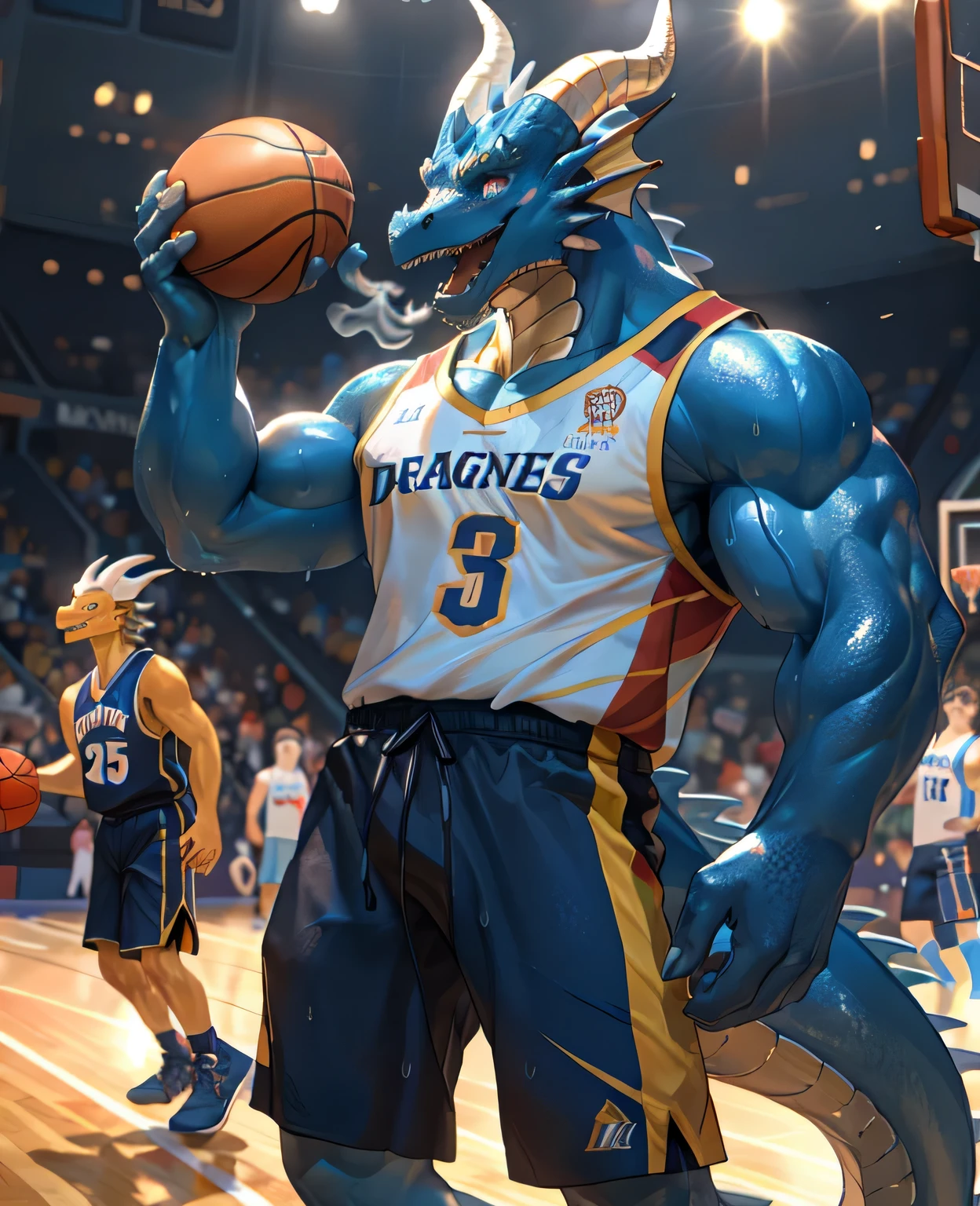 (dragon), Two-color, dragon&#39;s eyes, (muscular body:1.3), perfect eyes, Handsome, OK,(white basketball jersey), (on the playground),(Express), sports field background,(close up),(Happy eyes:1.2),look at screen,(dragon horn),(dragon tail),different students,Perfect masterpiece,(16K),White belly,Solitary,((Strong)),(sports field background),(Sweat),Perfect proportion,front,blush,(wave hello，Watching you:1.5),(Basketball in hand:1.3),(Open your mouth slightly and breathe.:1.2),(close range:1.2),(clothes soaked with Sweat:1,3),Strong,muscle,more details,CG,HD，detailed，Clear，high resolution