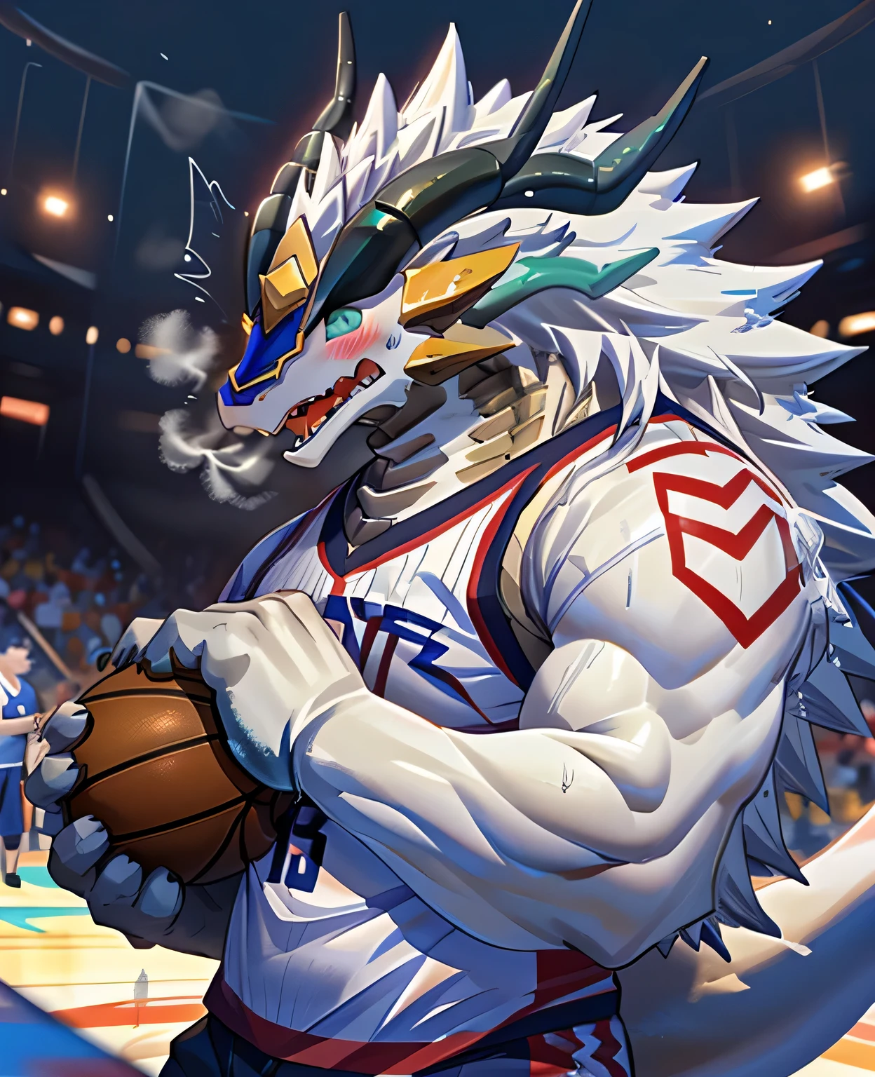 (dragon), Two-color, dragon&#39;s eyes, (muscular body:1.3), Perfect eyes, Handsome, OK,(white basketball jersey), (on the playground),(Express), sports field background,(close up),(happy eyes:1.2),look at screen,(dragon horn),(Dragon tail),Different students,A perfect masterpiece,(16K),White belly,Solitary,((Strong)),(sports field background),(Sweat),Perfect proportion,front,blush,(Wave hello，Watching you:1.5),(Basketball in hand:1.3),(Open your mouth slightly and breathe.:1.2),(close range:1.2),(clothes soaked with Sweat:1,3),Strong,muscle,more details,CG,HD，detailed，clear，high resolution