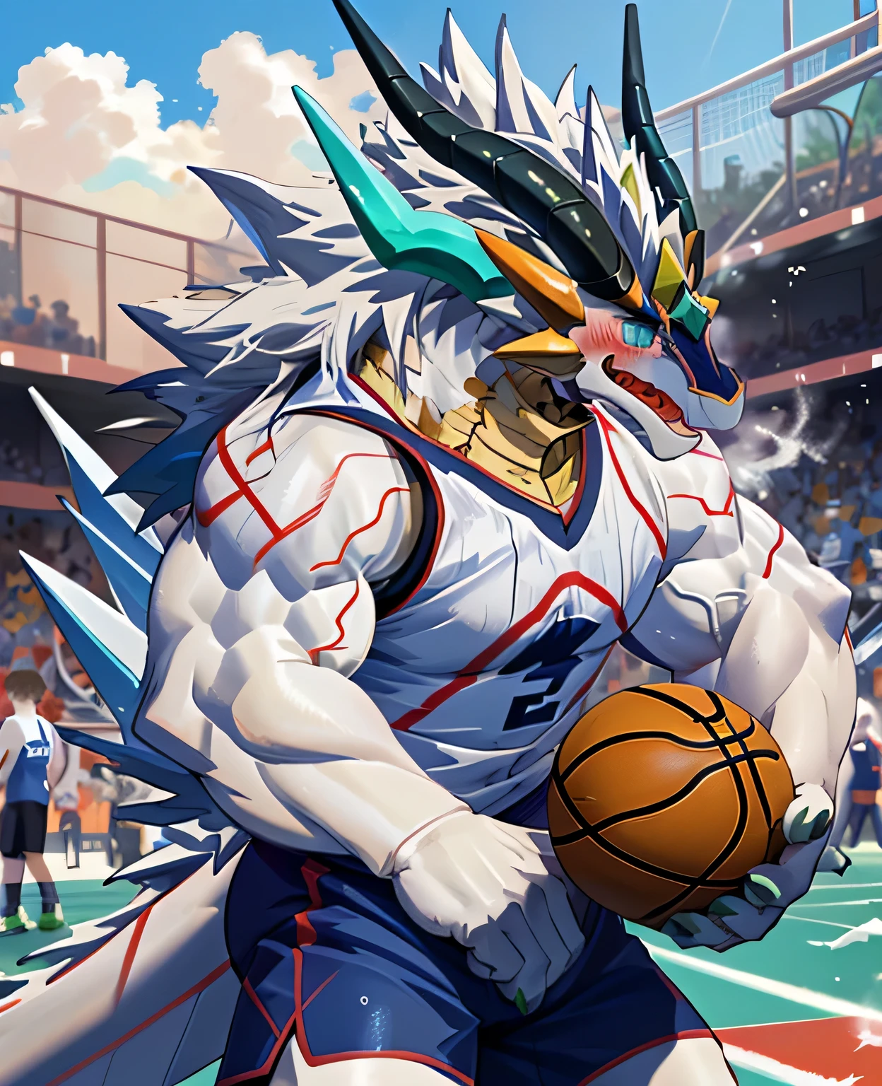 (dragon), Two-color, dragon&#39;s eyes, (muscular body:1.3), Perfect eyes, Handsome, OK,(white basketball jersey), (on the playground),(Express), sports field background,(close up),(happy eyes:1.2),look at screen,(dragon horn),(Dragon tail),Different students,A perfect masterpiece,(16K),White belly,Solitary,((Strong)),(sports field background),(Sweat),Perfect proportion,front,blush,(Wave hello，Watching you:1.5),(Basketball in hand:1.3),(Open your mouth slightly and breathe.:1.2),(close range:1.2),(clothes soaked with Sweat:1,3),Strong,muscle,more details,CG,HD，detailed，clear，high resolution