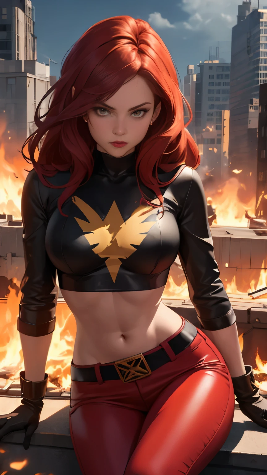 (Highly quality, masterpiece, detailed), burning city detailed scenario, burning city detailed background, jean-grey, belt, red leather crop top jacket, gloves, Phoenix symbol on chest, red leather pants, sitting on top of a building, navel, perfect face, beautiful eyes, looking at the viewer, Sexy pose