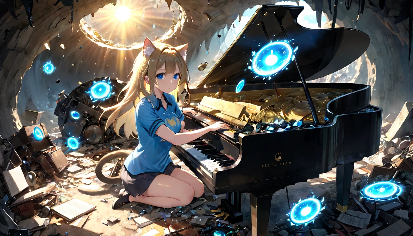 (masterpiece, best quality, very aesthetic, absurdres,general) ,
1girl, destroy the classical piano,Cat ear,clear eyes,artificial intelligence,Glowing magic circle,Sad expression, beautiful girl, medium breasts, blue cut shirt,cave,the sun shining in the center,Throwing things around, piles of mechanical junk, junk, chaos.