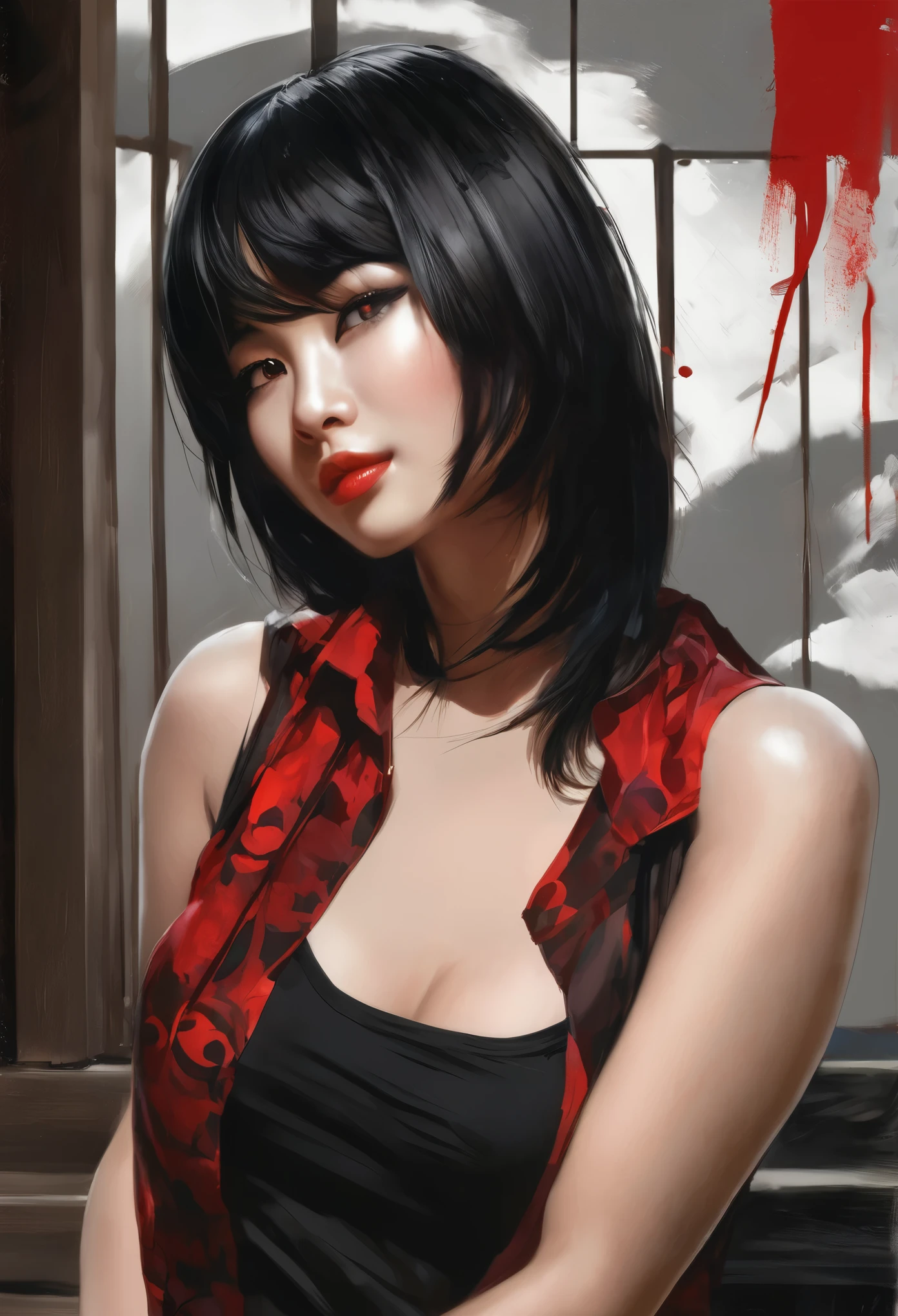 ((best quality)), ((artwork)), (detailed: 1.4), Beautiful woman, Asian, short black sleeveless t-shirt, black pants, short black hair with red highlights, paint, (alone), realistic, ((artwork)), (best quality), (detailed), (1 girl), big breasts, sexy, thick, below breasts