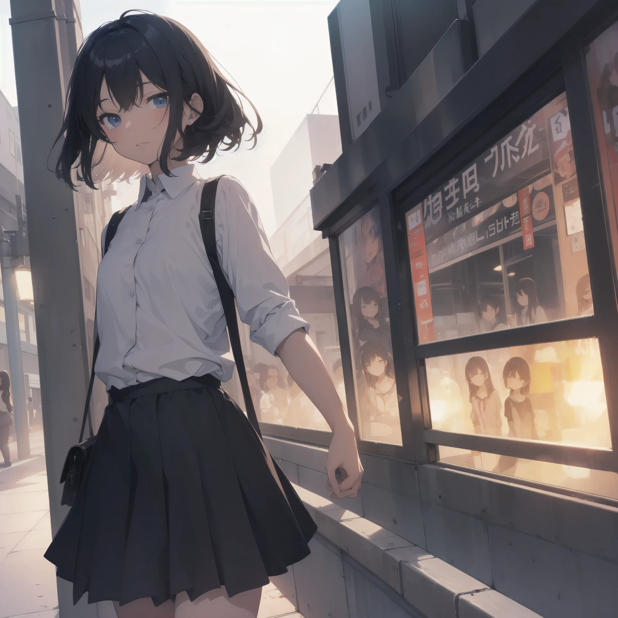 ultra-absurdres-Top quality by artist God, ultra-detailed, high resolution, anime moe artstyle, best anime 8k konachan wallpaper, pixiv contest winner,pool:2810, perfect anatomy,break, 1girl, (Please draw a girl walking sleepily to school alone. )break,(Solo,little female, 13-year-old:1.3),Full limbs, complete fingers,a junior high school student,  (very short hair), short cut, flat chest, , small butt, small black eyes, beautiful detailed eyes, well-proportioned iris and pupils, expressive eyes, highres detailed hair, soft expression, school_uniform, official_alternate_costume, pleated skirt,(Detailed Lighting), (Detailed background), in the School commute route. break,super detailed skin, Best cinematic lighting powered by famous artist, 8k,beauty illustration,photoshop_(medium),very aesthetic,break,((artist:tony_taka )), artist:akinashi yuu ,artist:oyari ashito ,artist:kantoku ,