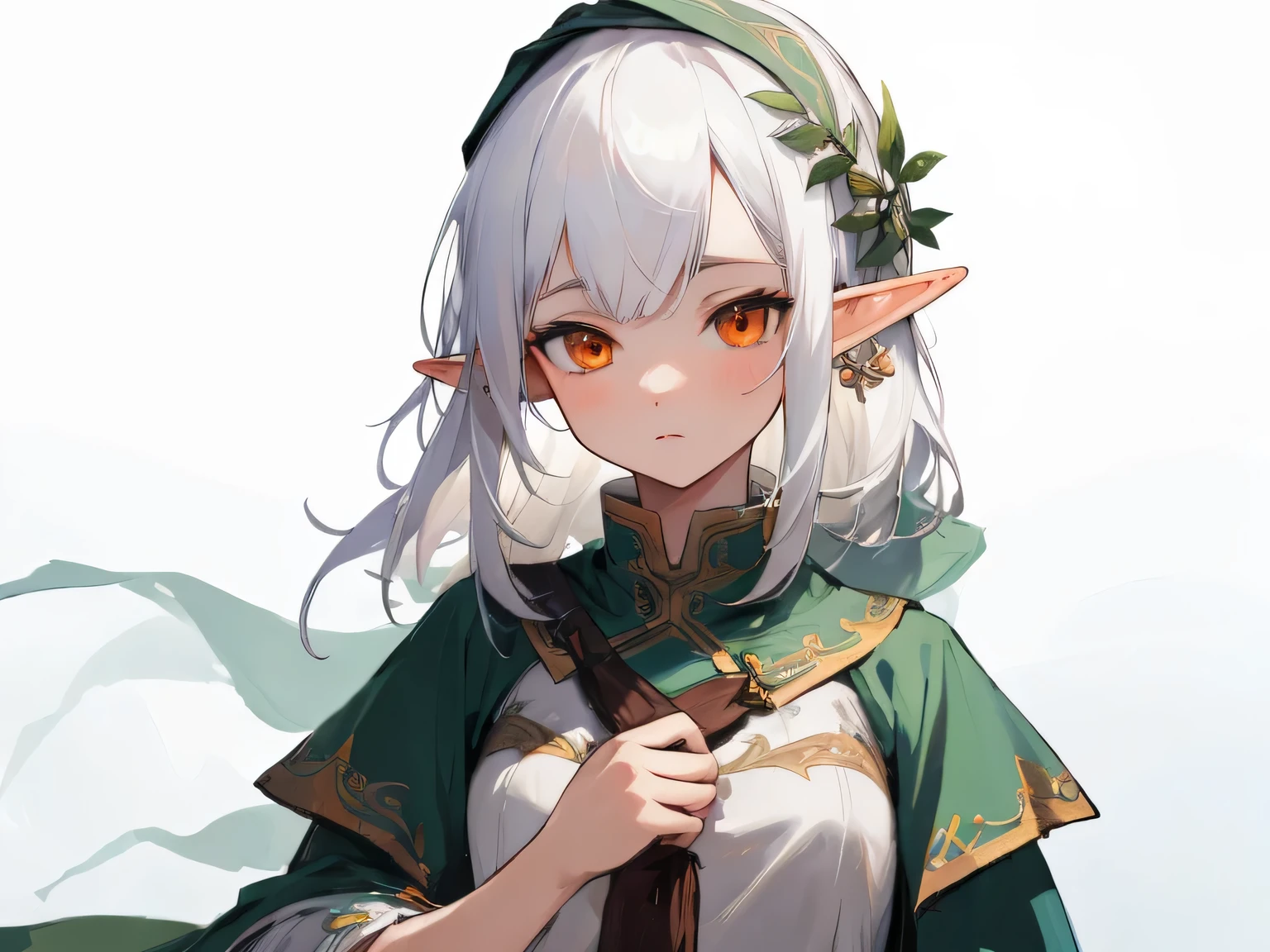 [(white background:1.5),::5], ((((masterpiece)))), high quality, ultra high resolution, full color, (((alone))), ((Elf)), fantasy hair, ((white hair)), orange eyes, upper body, character in the center, 