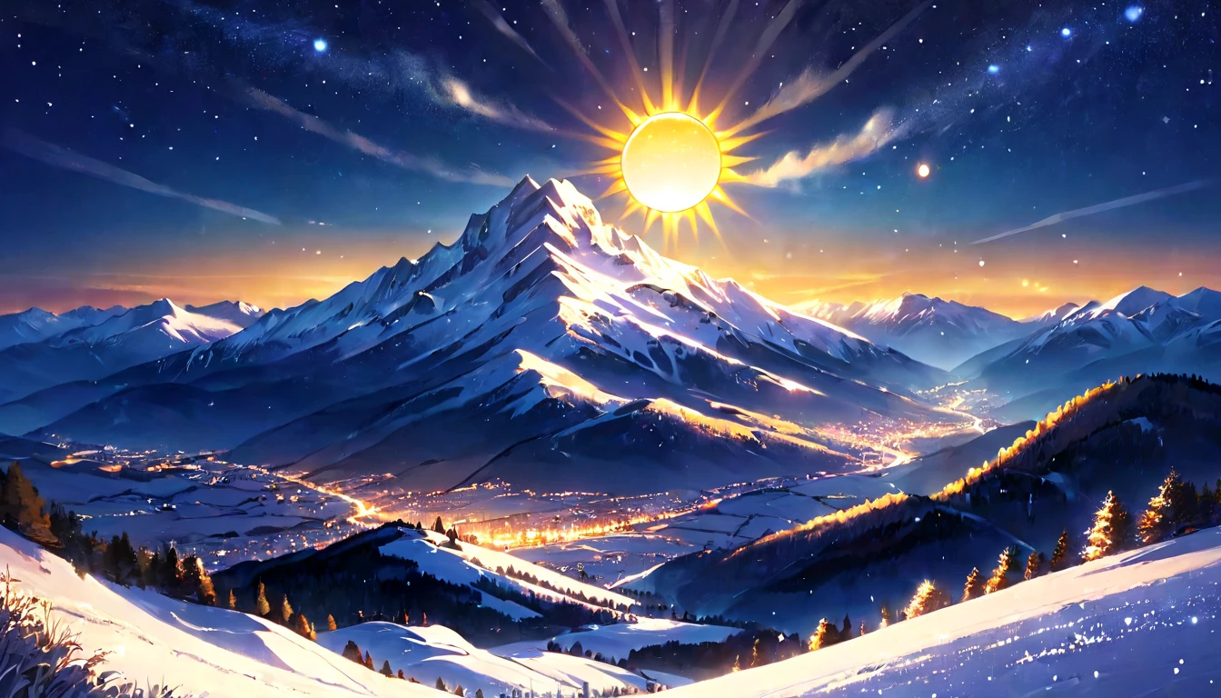 (masterpiece, best quality, very aesthetic, absurdres,general),Landscape with twinkling stars at night, mountains visible in the distance, snow on the top of the mountain,(sun:2)